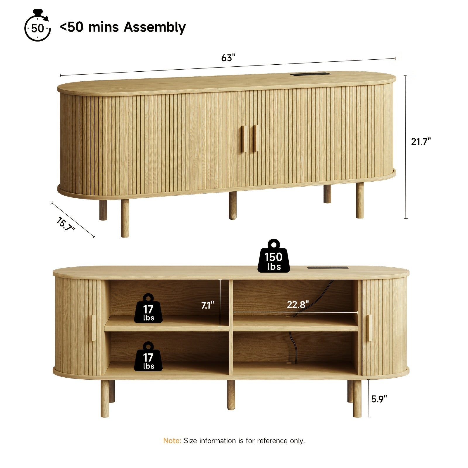 Modern Oak TV Stand with Power Outlet - 160cm Entertainment Center for TVs Up to 70’’ Adjustable Shelves Sliding Doors