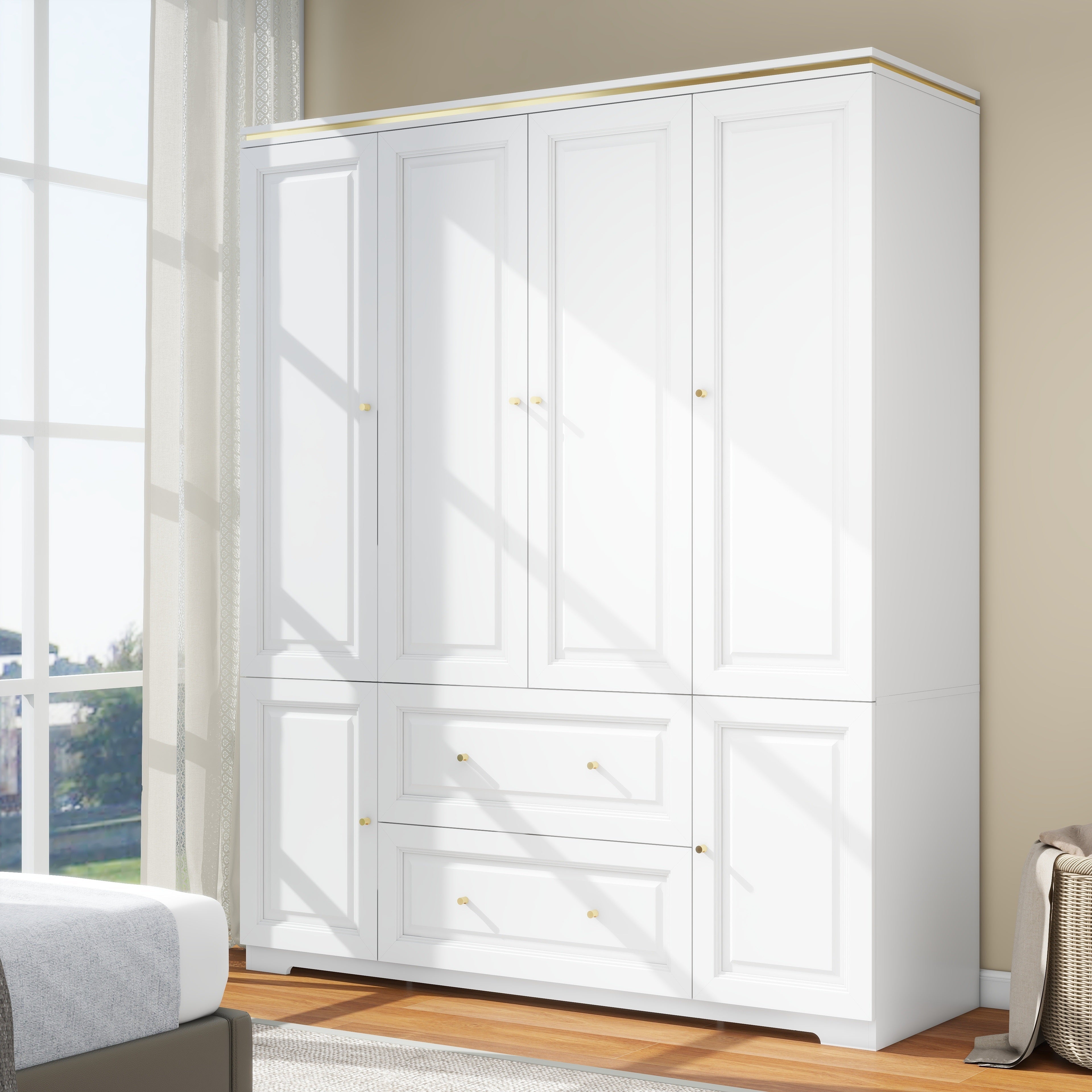 Bedroom Armoires Wardrobe Closet With 4 Doors, 74" White Wardrobe Cabinet With 2 Drawers, Modern Wood Closet For Hanging Clothes, Large Wardrobe Storage Closet