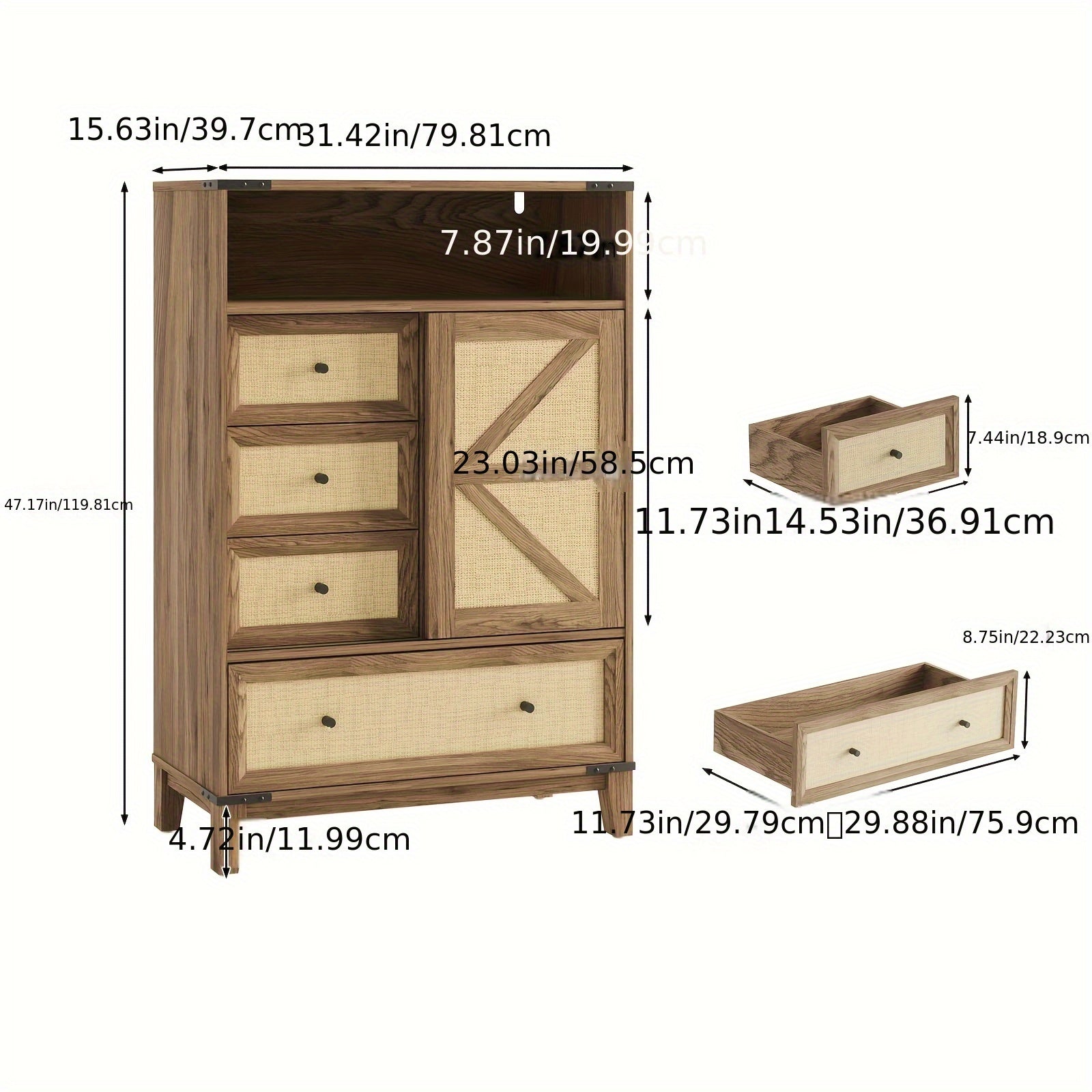 Rattan Dresser For Bedroom, Farmhouse Chest Of Drawers With Sliding Barn Door, Wood 4 Drawer Dresser With Open Storage For Bedroom, Living Room, Hallway, Nature