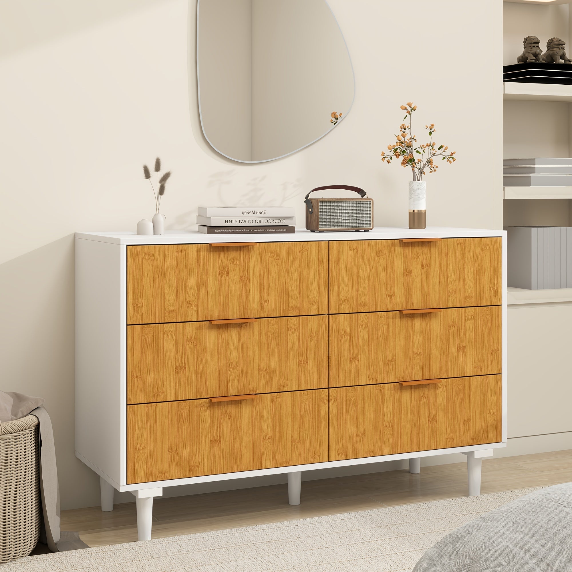 Natural Wood 6 Dressers Modern Chest Of Drawers Wide White Wood Storage Closet Dresser 6 Drawer Double Dresser For Hallway Bedroom, Living Room, Nursery