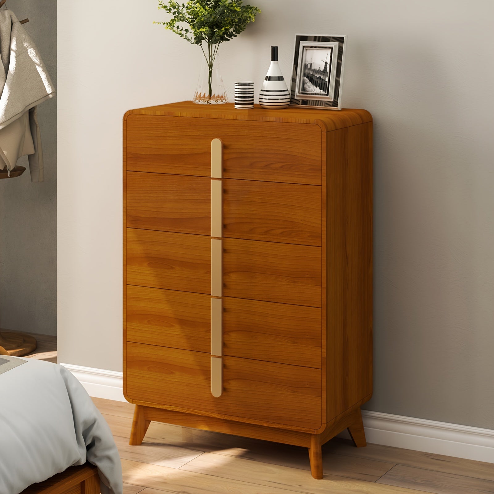 Elegant Cherry 5-Drawer Dresser | Mid-Century Modern Design with Sleek Metal Handles | Spacious Wooden Storage