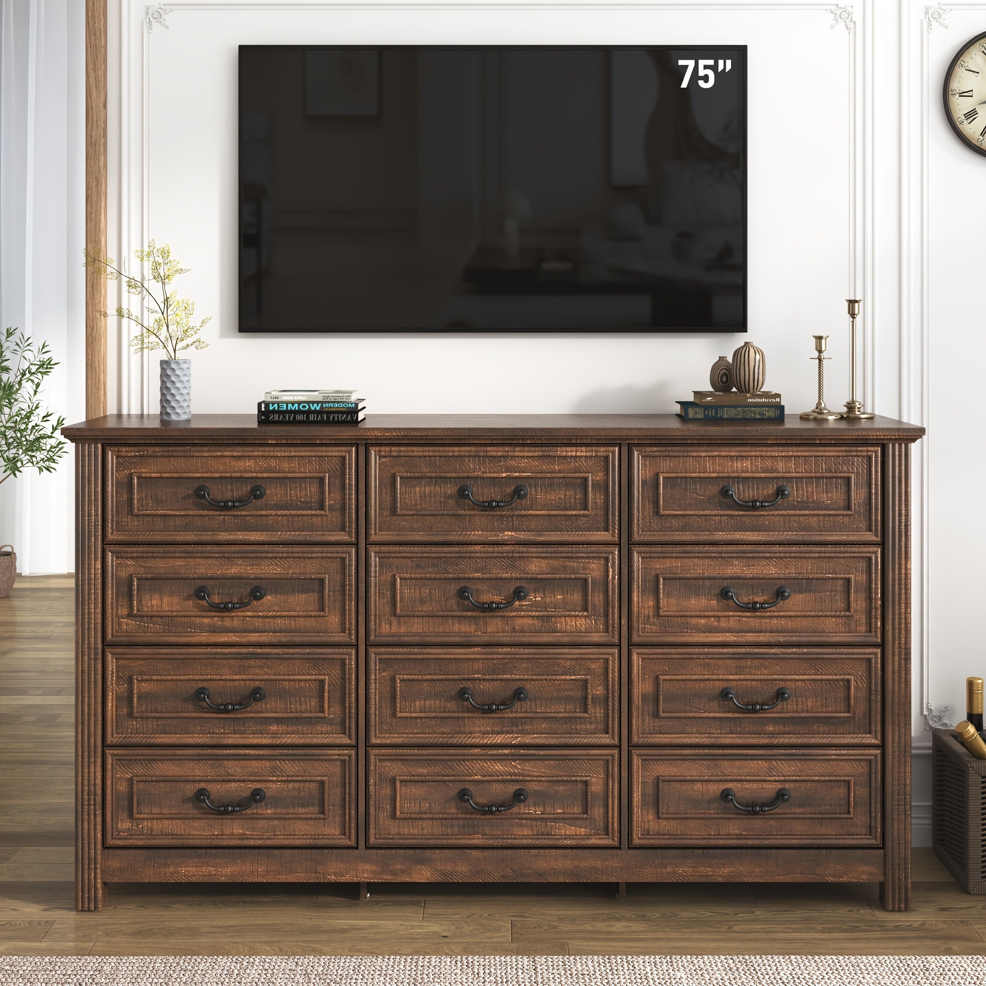 Spacious 160cm Wide Rustic Farmhouse Dresser with 12 Drawers - Vintage Wooden Chest of Storage Natural Textured Finish