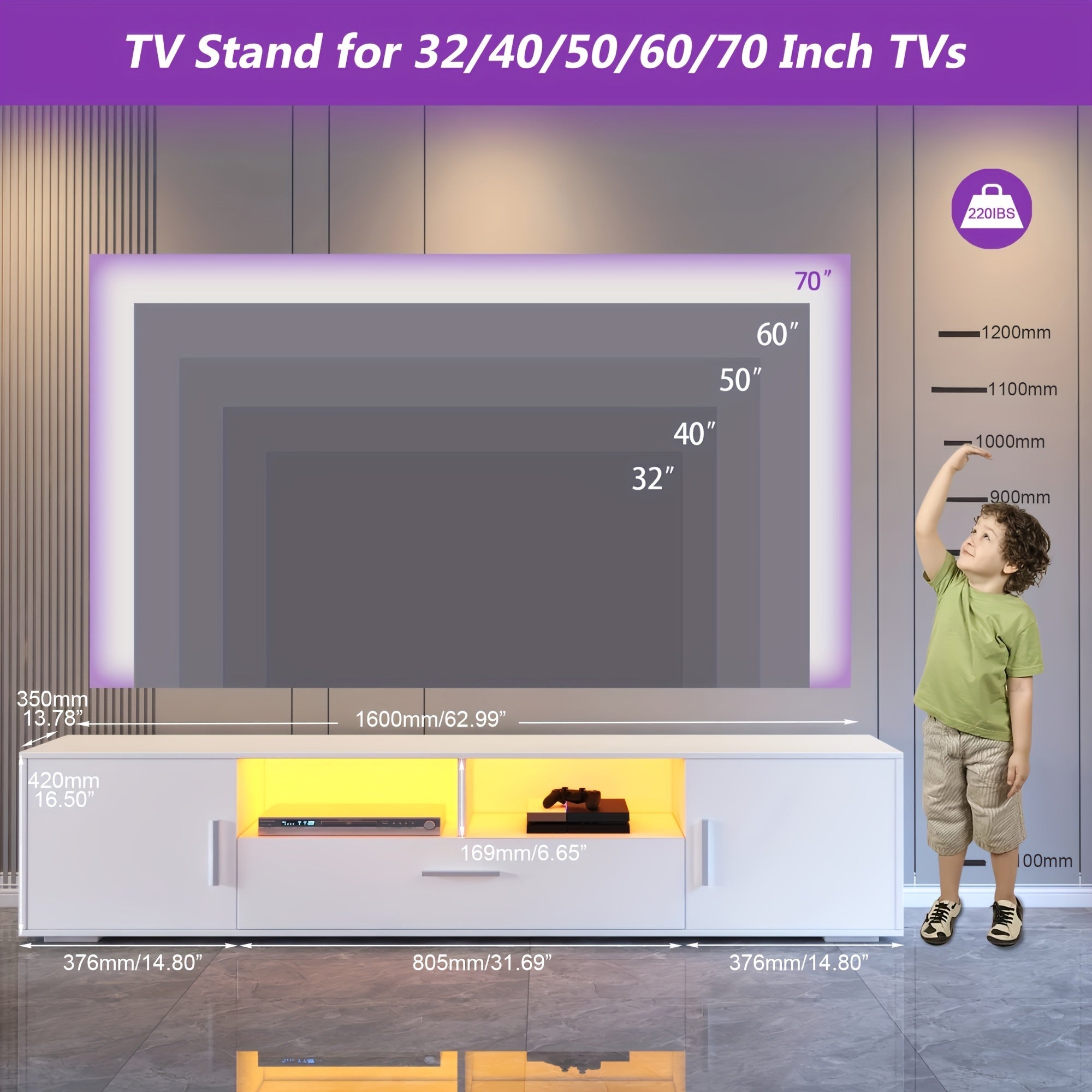 High Gloss LED TV Stand For 55/65/75 Inch TVs, Modern 75 Inch TV Stand, Mirrored Entertainment Center With Storage Drawers And Lights For Living Rooms, Game Rooms And Bedrooms, White Or Black