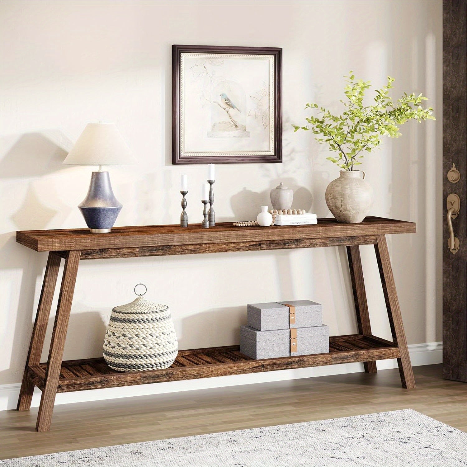 Rustic Farmhouse Console Table - 70.9" All-Wood Entryway Table, Dual Tier Narrow Design for Couch & Sofa Backdrop, Perfect for Hallway, Living Room - Brown