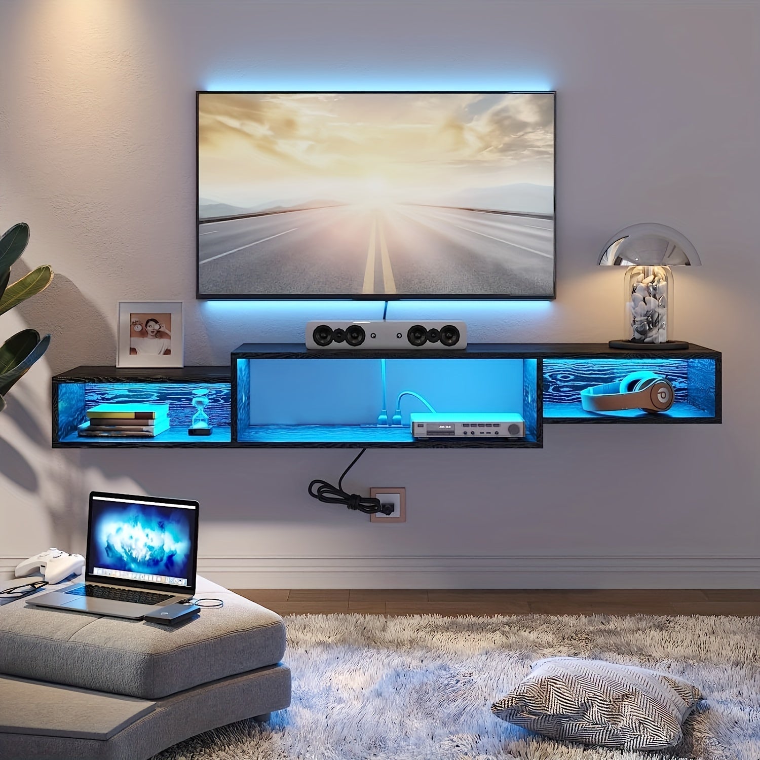 Floating TV Stand Wall Mounted with Power Outlet, 59'' Floating Entertainment Shelf Under TV with LED Lights, Floating TV Shelves Media Console Cabinet for Gaming Box Audio Video