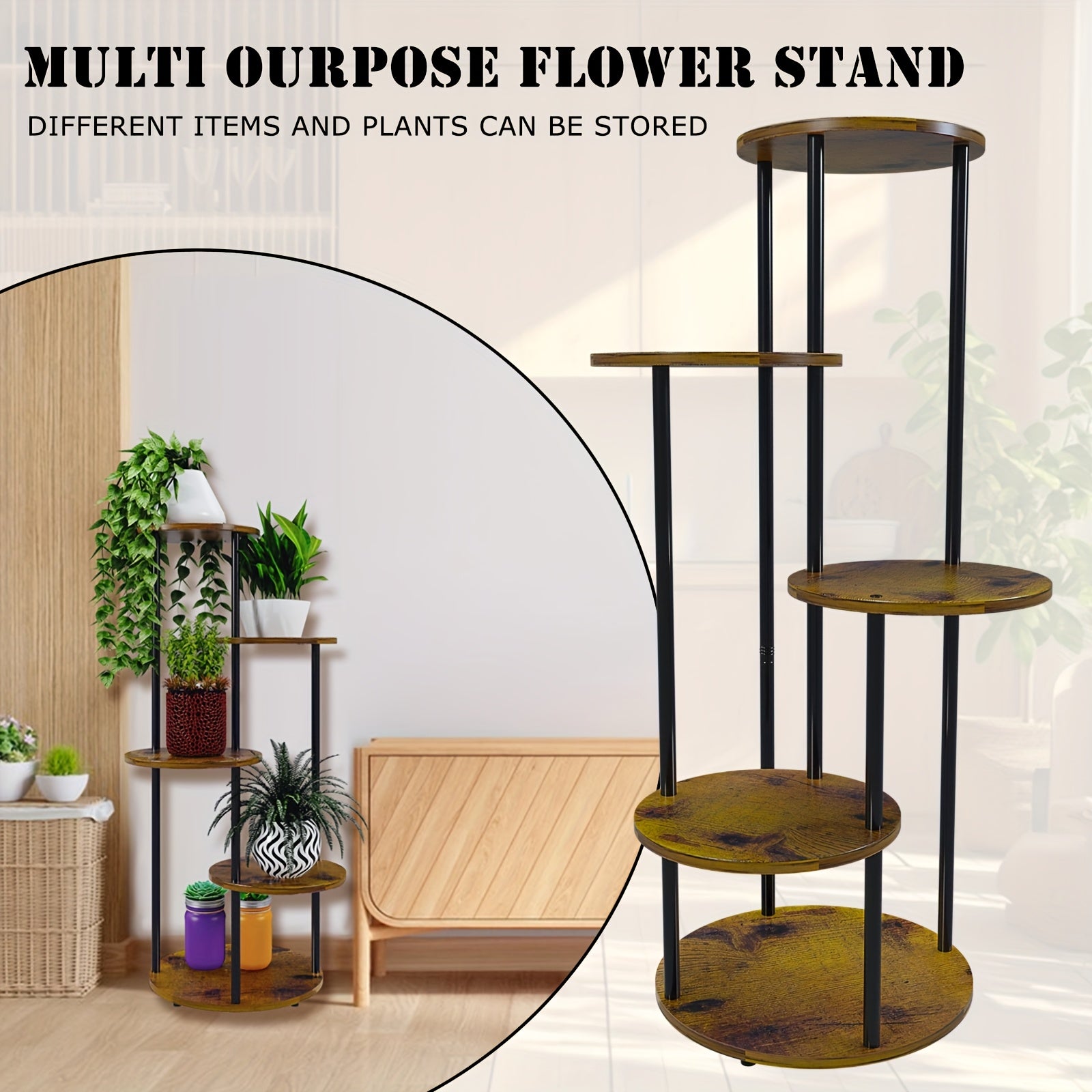 5-Layer Circular Metal Plant Rack, Black Multi-Tier Flower Stand for Indoor Use - Ideal for Balcony, Garden, Living Room, Bedroom, Terrace, Corner Flower Rack, High