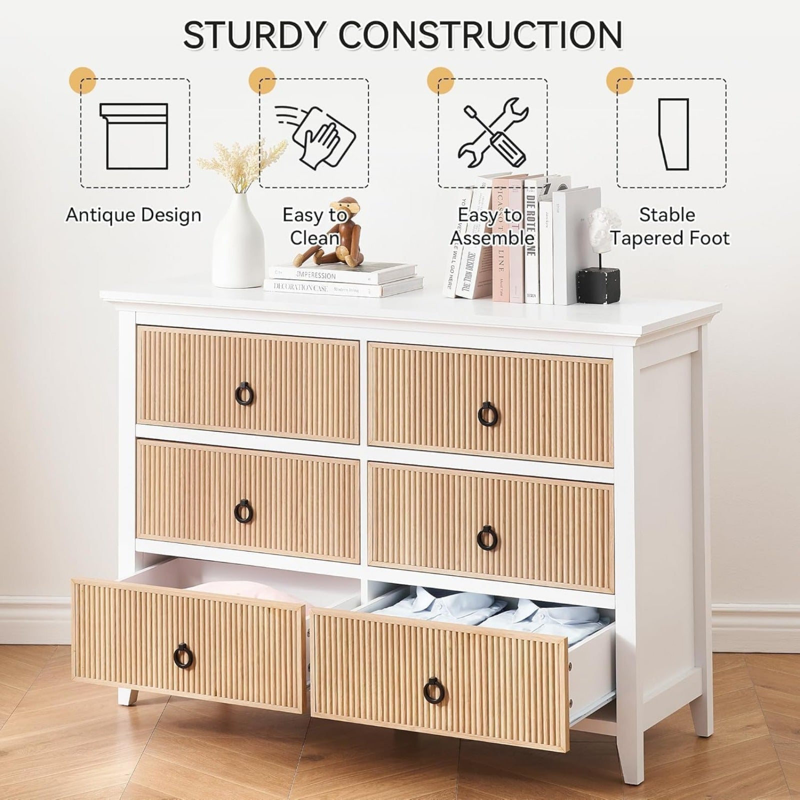 6 Drawer Dresser, 47.2" Wide Modern Chest of Drawers Bedroom and Living Room Cabinet Organizer Storage, Fluted Design Dresser Tv Stand, Closet, White Grey