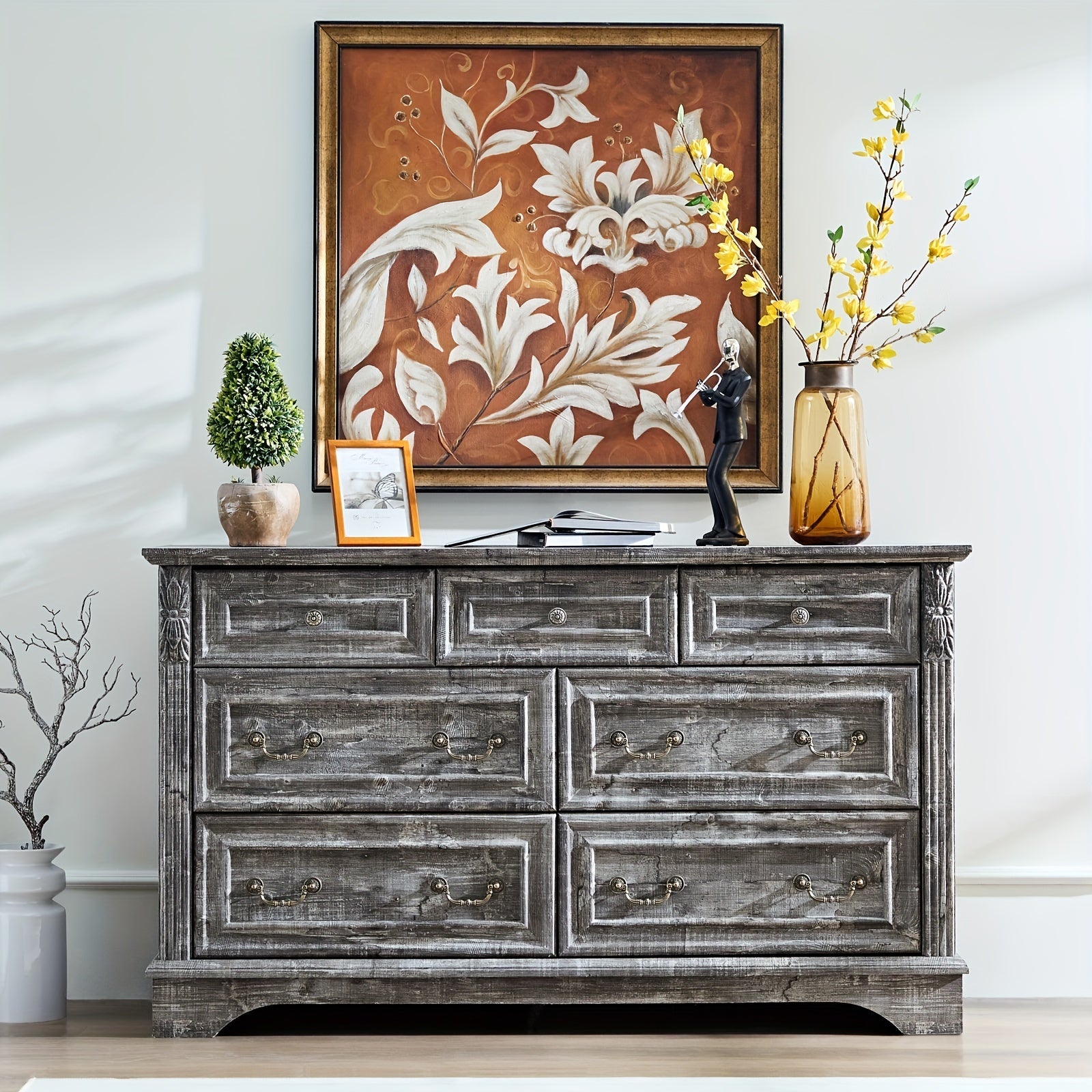 Farmhouse 7 Drawers Dresser Dressers For Bedroom 54’’ Wide Wood Rustic Chest Of Drawers With Carved Pilasters Storage