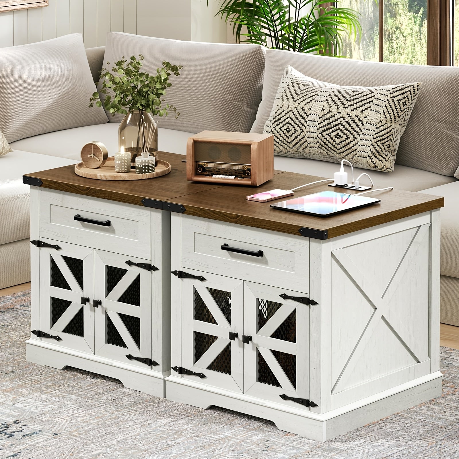 White Farmhouse End Table With Charging Station, 24" Large Sofa Side Table With Drawer, Large End Table For Living Room, Wooden Nightstand With Outlet, Square, White And Walnut