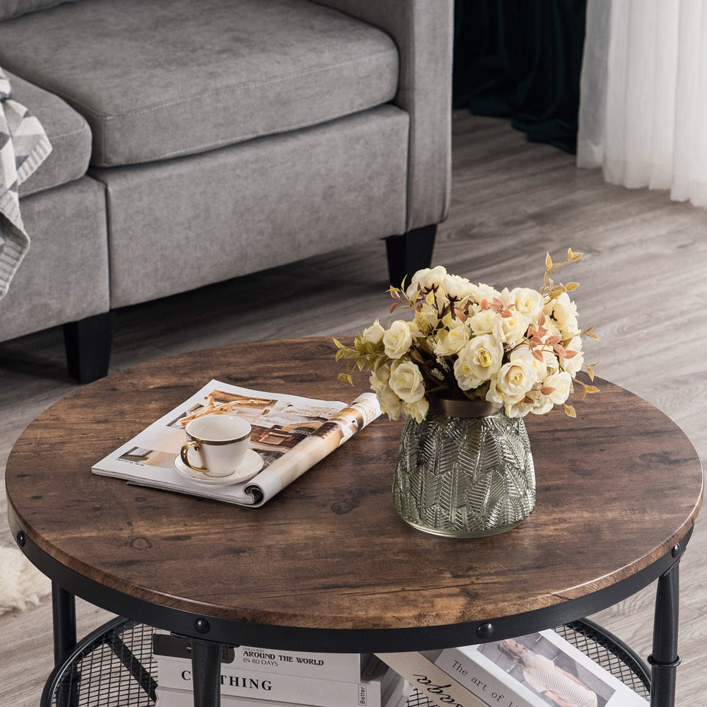 80cm Round Coffee Table with Storage, Industrial Rustic Round Coffee Table with Metal Shelf