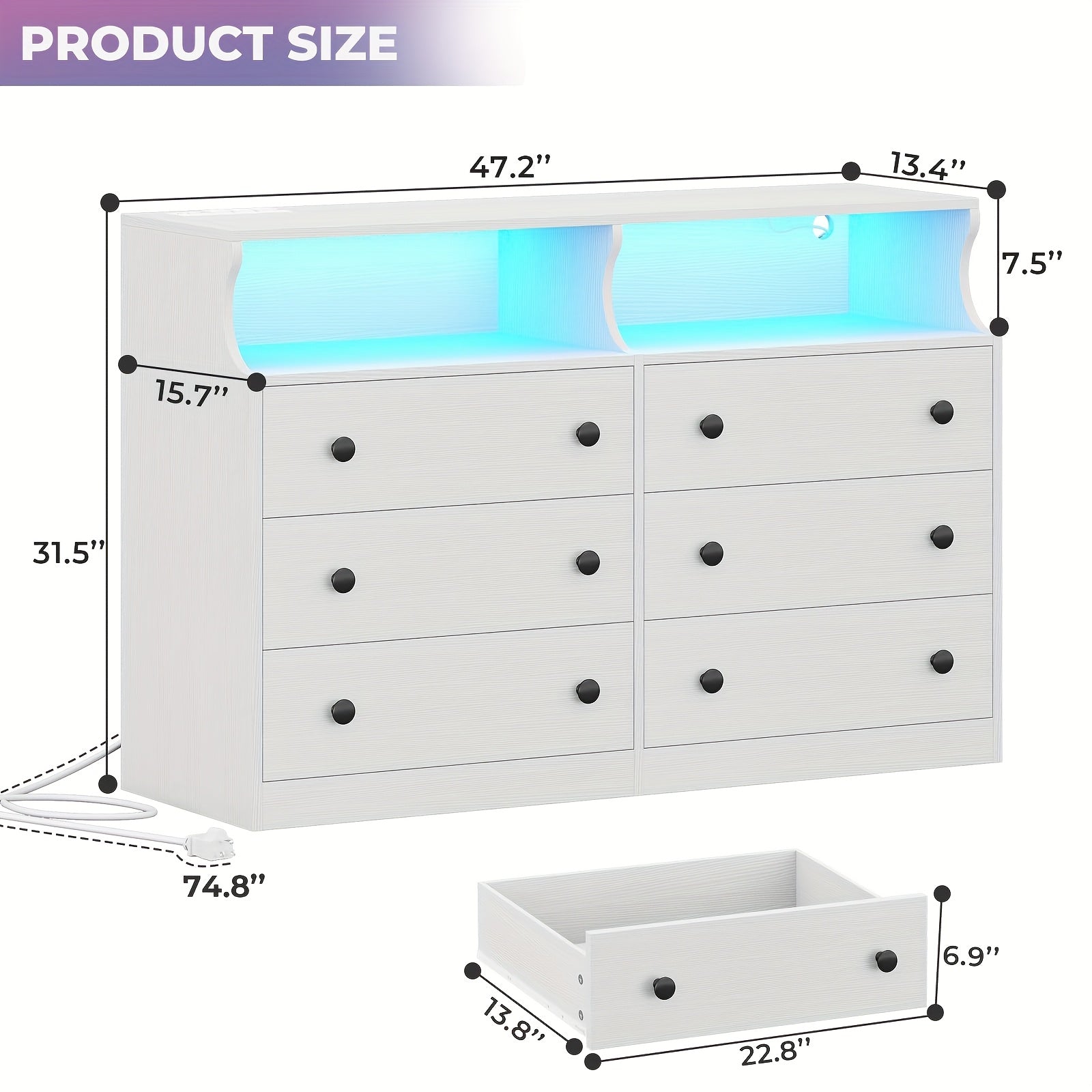 Bedroom Dresser 6 Drawer Double Dresser With Charging Station With Open Storage White - White - Dresser Westberry