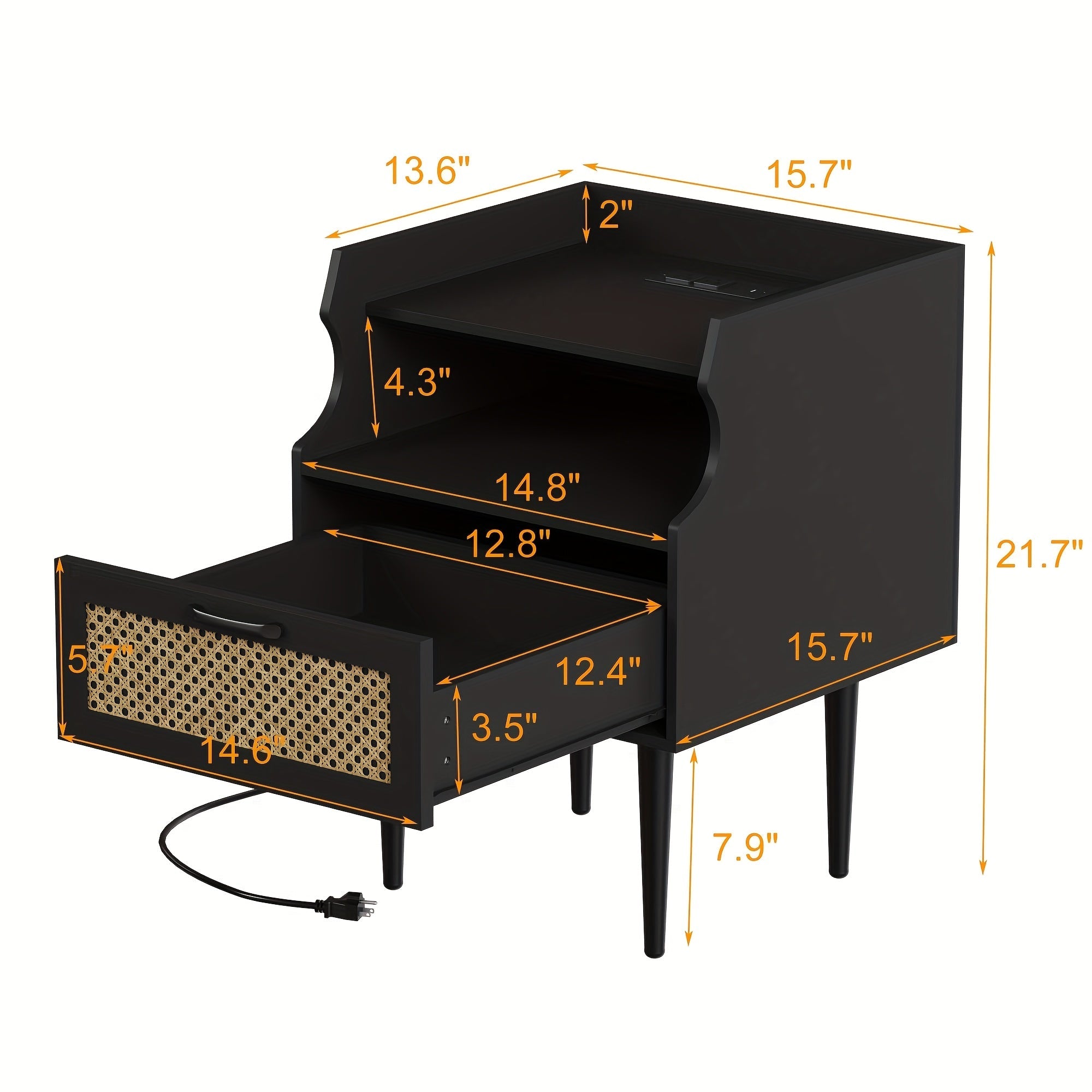 Rattan Nightstand Set Of 2, Bedside Table With Charging Station, Modern Night Stand, Wood Side Table, Mid Century Small End Table With Drawer For Bedroom