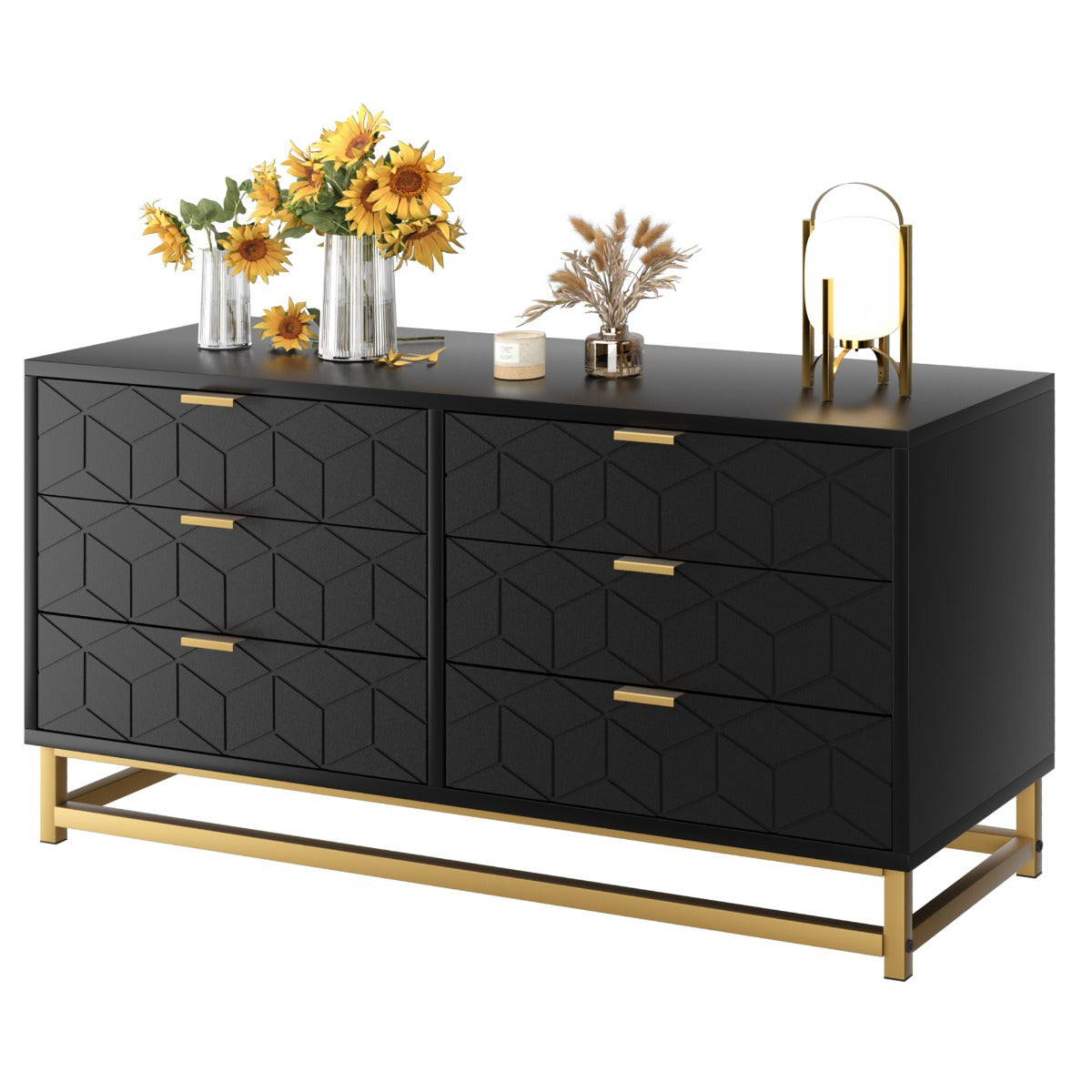 Elegant Black Dresser with 6 Drawers - Diamond Pattern Golden Handles & Base Freestanding Storage for Bedroom