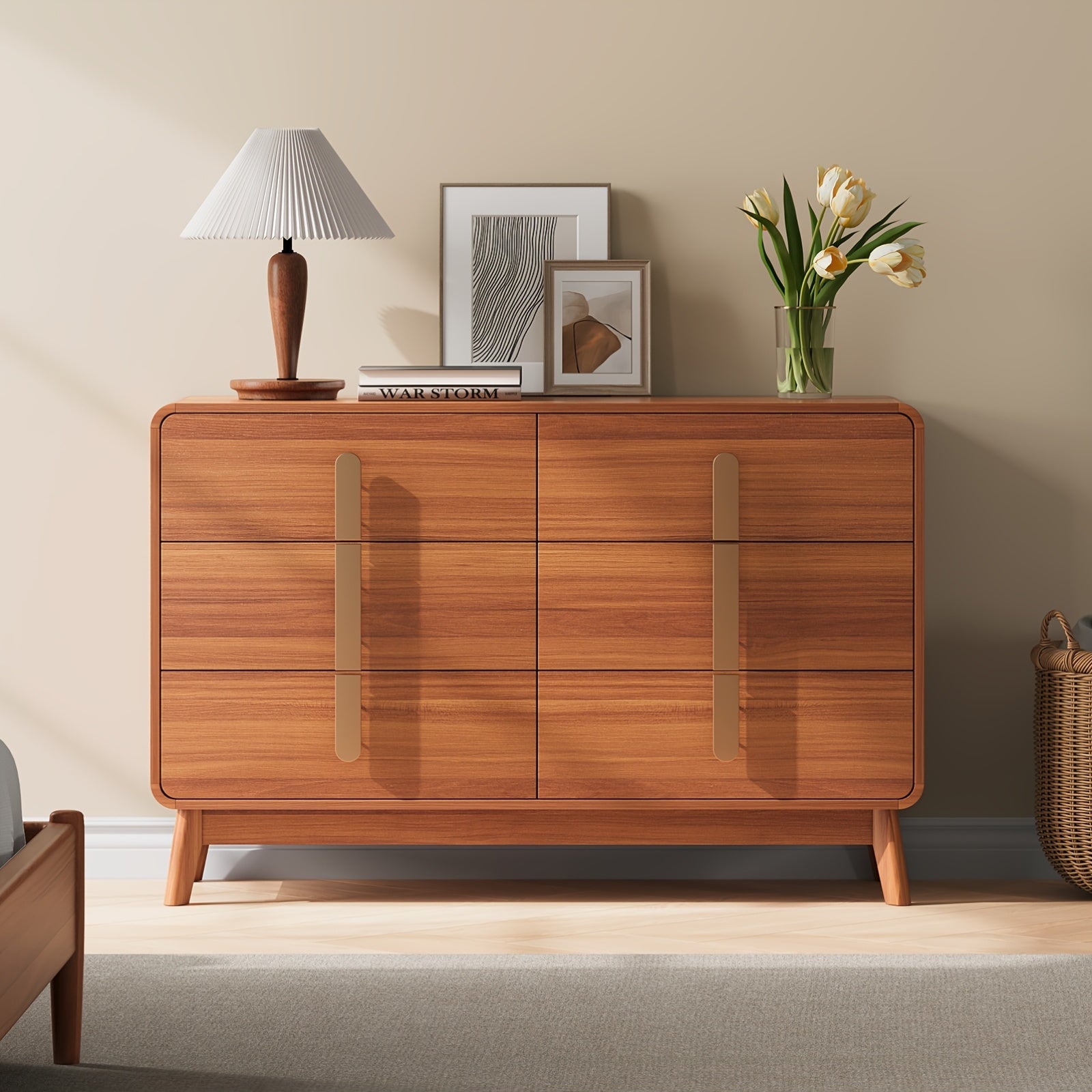 1pc Mid-Century Modern 6-Drawer Dresser Mid-Century Modern 6-Drawer Dresser, Hardwood Chest of Drawers with Metal Handles, Floor-Standing Wood Furniture, Flat Panel Doors, Engineered Wood Back, with No Electricity R