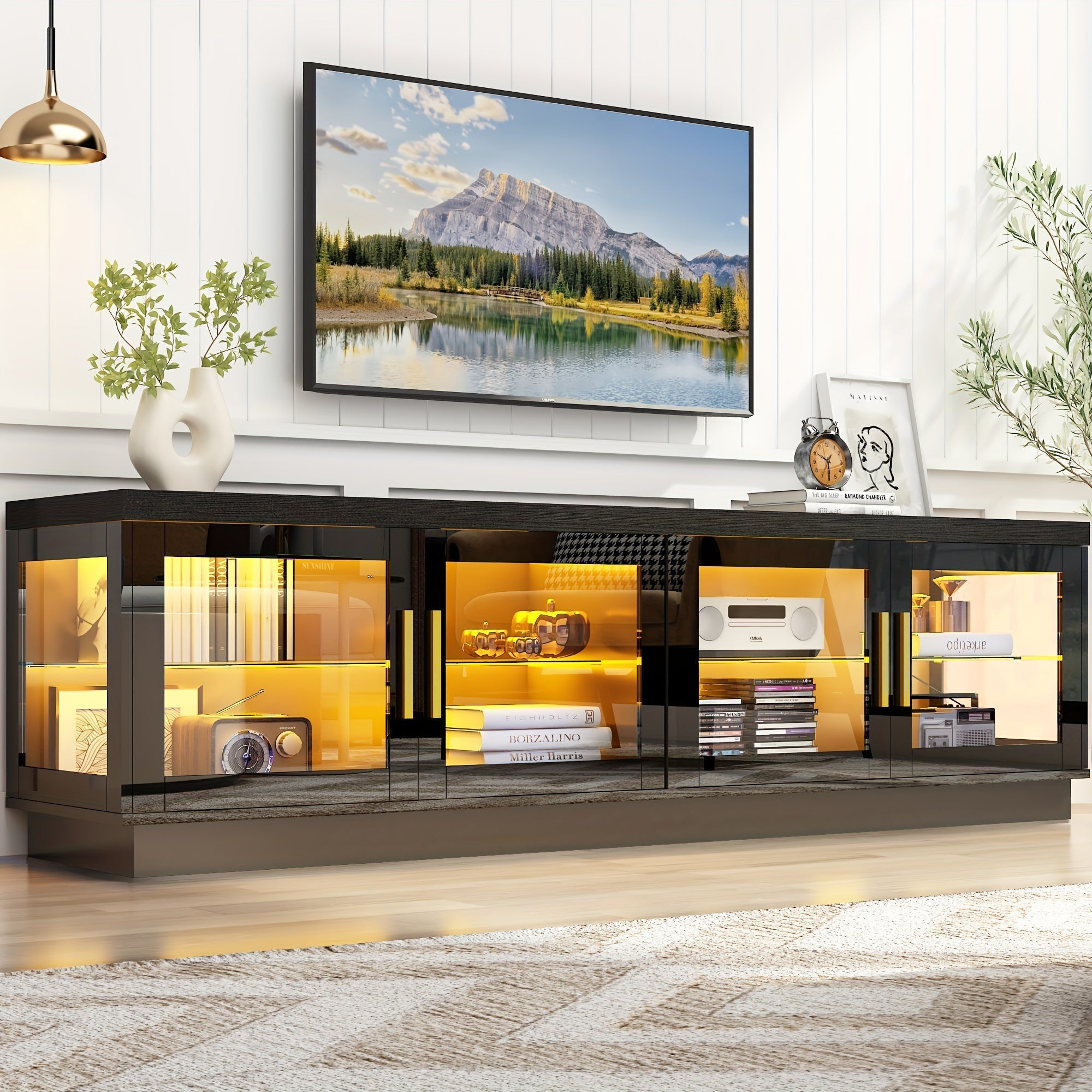 LED TV Stand For 85/80/75inch TV, TV Entertainment Center With Storage Cabinet, TV Console, Display Cabinet With Glass Doors