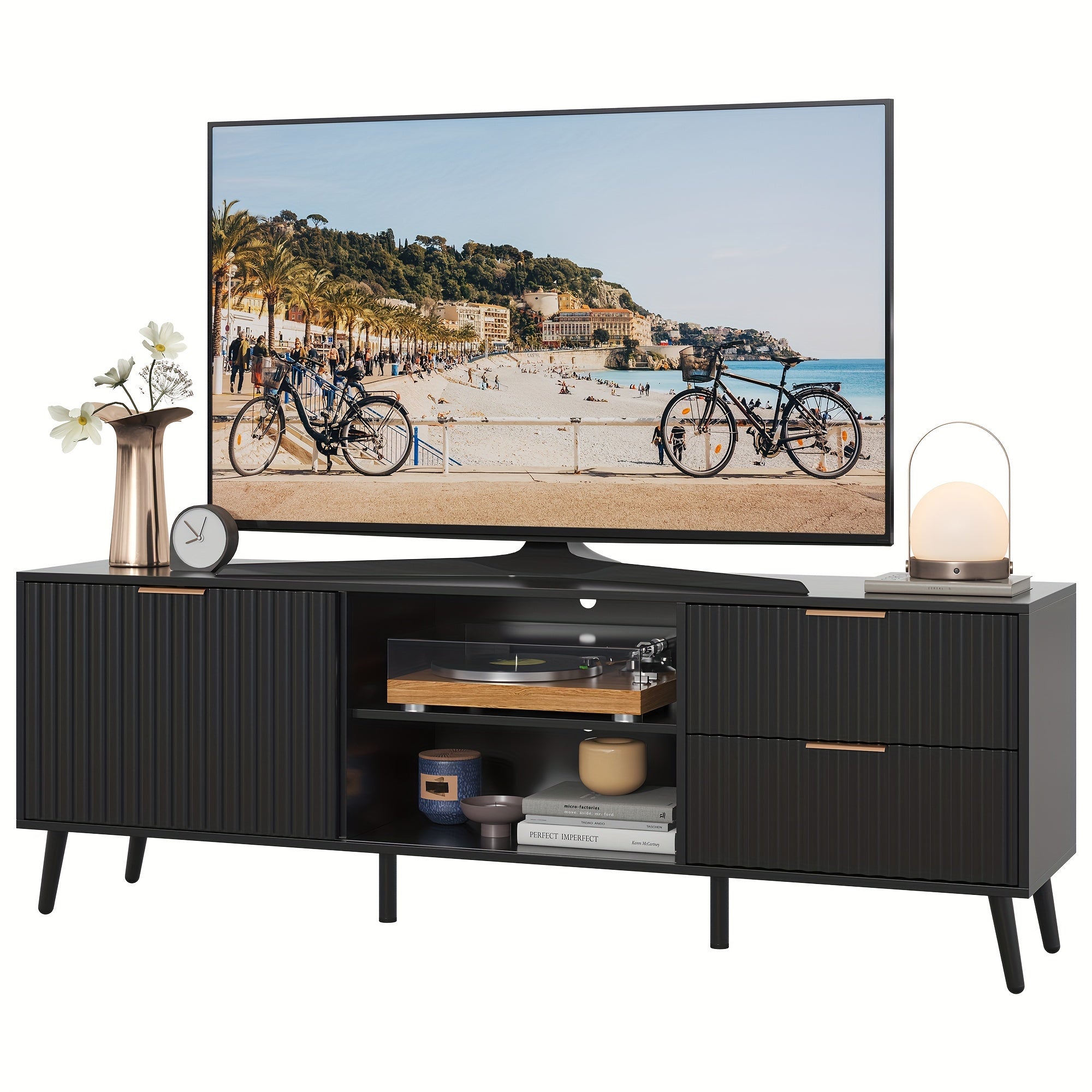 65 Inches Black TV Stands with Adjustable Shelf, Wooden Television Stands for TV up to 75 Inches, Modern Entertainment Center TV Console for Living Room, Bedroom