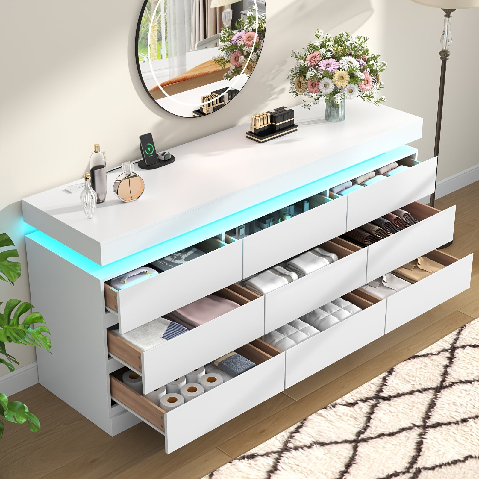 6 Drawer Dresser With Power Outlet Storage Cabinet With LED Light Modern Cabinet Organizer For Closet Double Wide