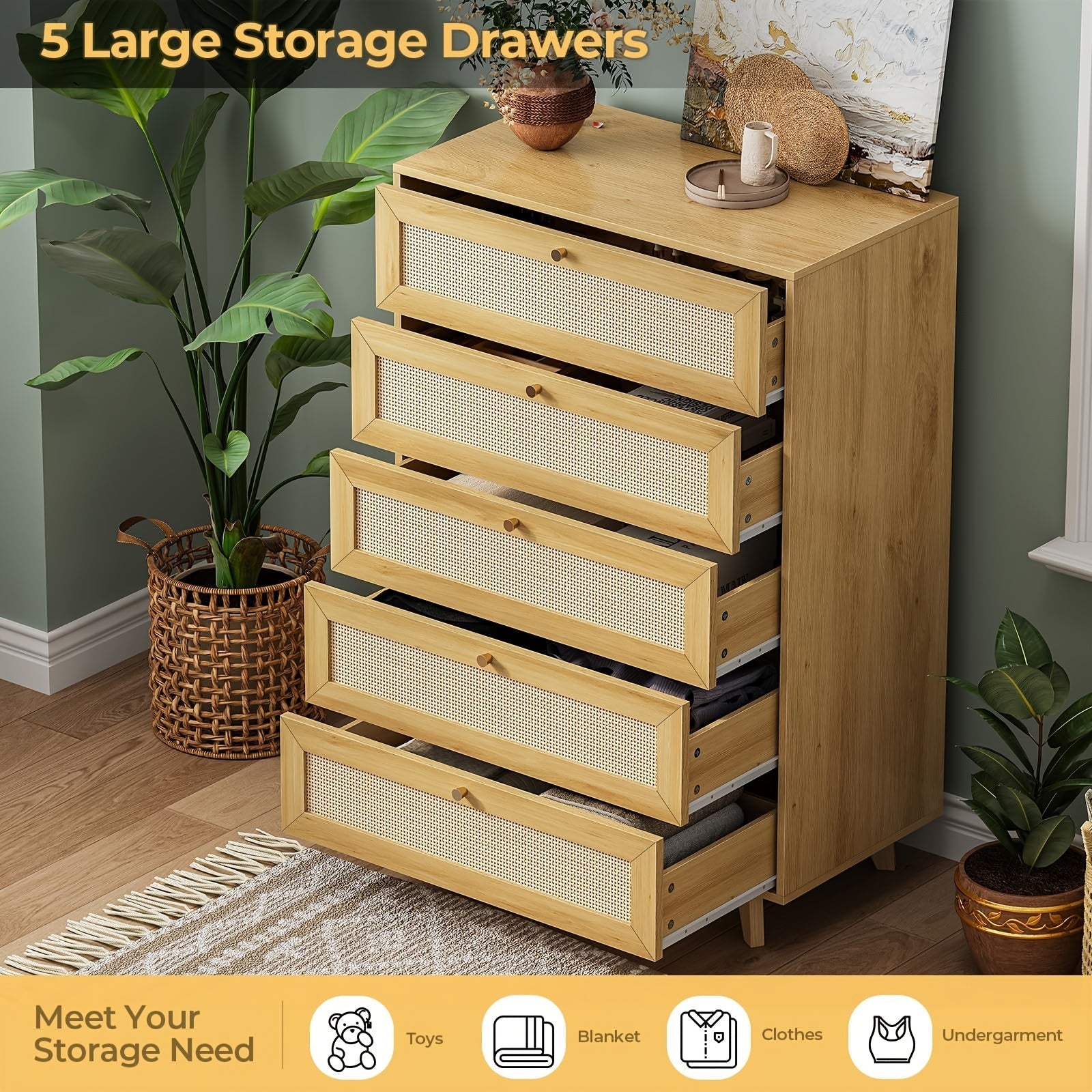 Rattan Dresser For Bedroom With 5 Drawer, Modern Double Wooden Tall Bedroom Dresser, Chest Of Drawers With Metal Handle & Solid Wood Legs For Bedroom/Living Room