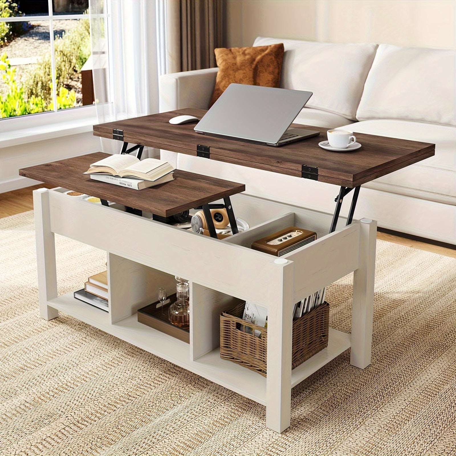 Lift Top Coffee Table For Living Room, 4 In 1 Coffee Table With Storage, Modern Farmhouse Wood Coffee Tables With Hidden Compartments And Open Shelf (Old White)