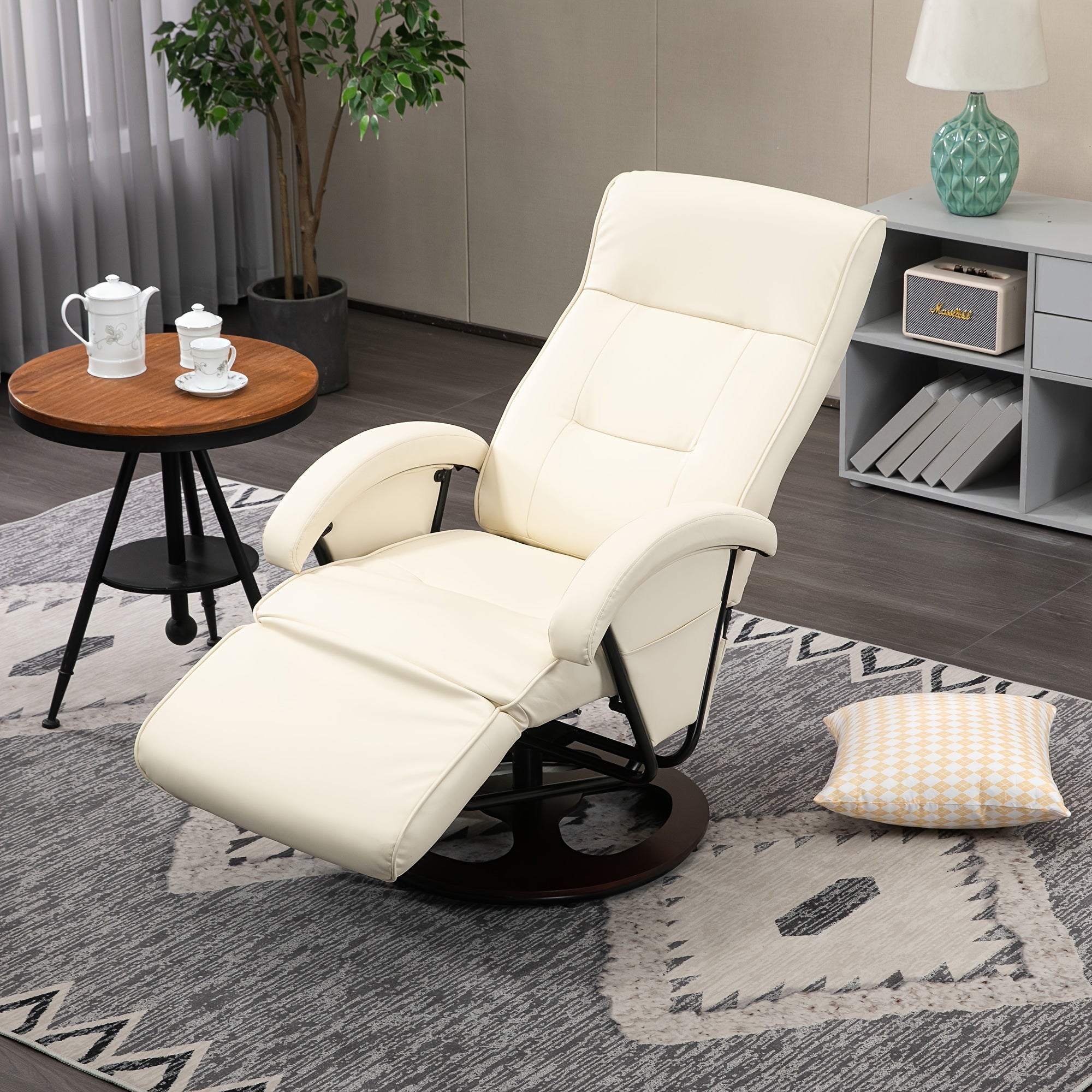 PU Recliner with Footrest, Lounge Chair with 135° Adjustable Backrest, Swivel Wood Base, Padded Seat & Armrests for Living Room, Beige