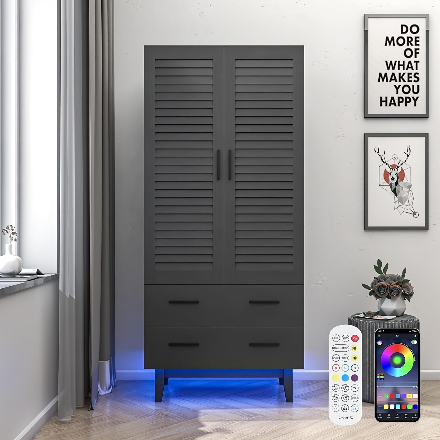 2 Door Closet Cabinet With Drawers And LED Lights, Multi-Tier Shelves, Hanging Rod & 2 Louver Doors, Large Capacity Storage Wardrobe Armoire For Bedroom, White, Black