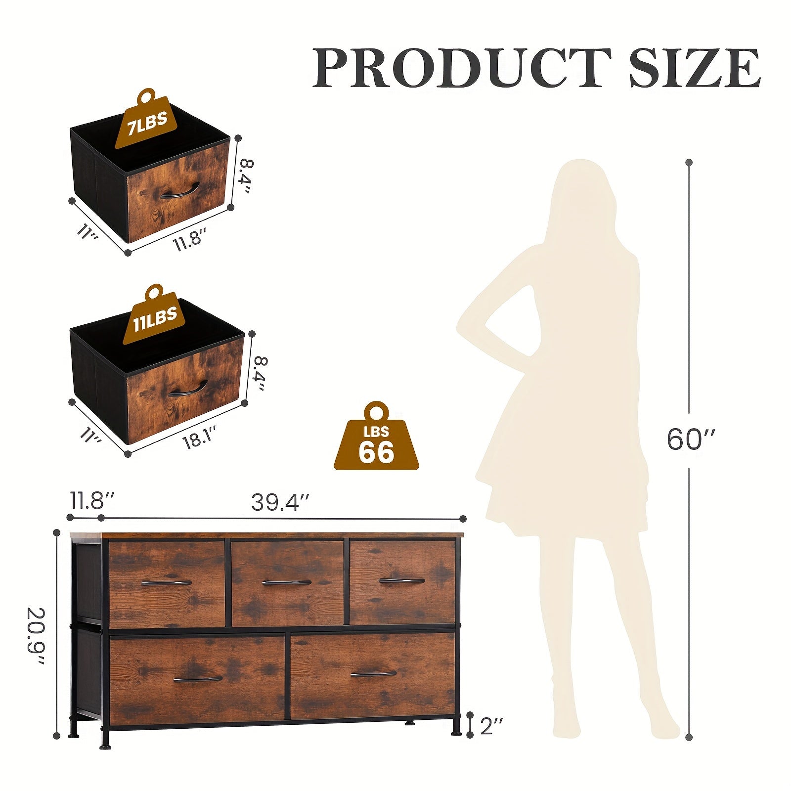 Dresser For Bedroom Furniture, Storage Drawers, TV Stand Fabric Storage Tower With 5 Drawers, Chest Of Drawers With Wooden Top For TV Up To 45 Inch, For Living Room, Closet, Entryway, 39.4 X 11.8 X 20.9 In