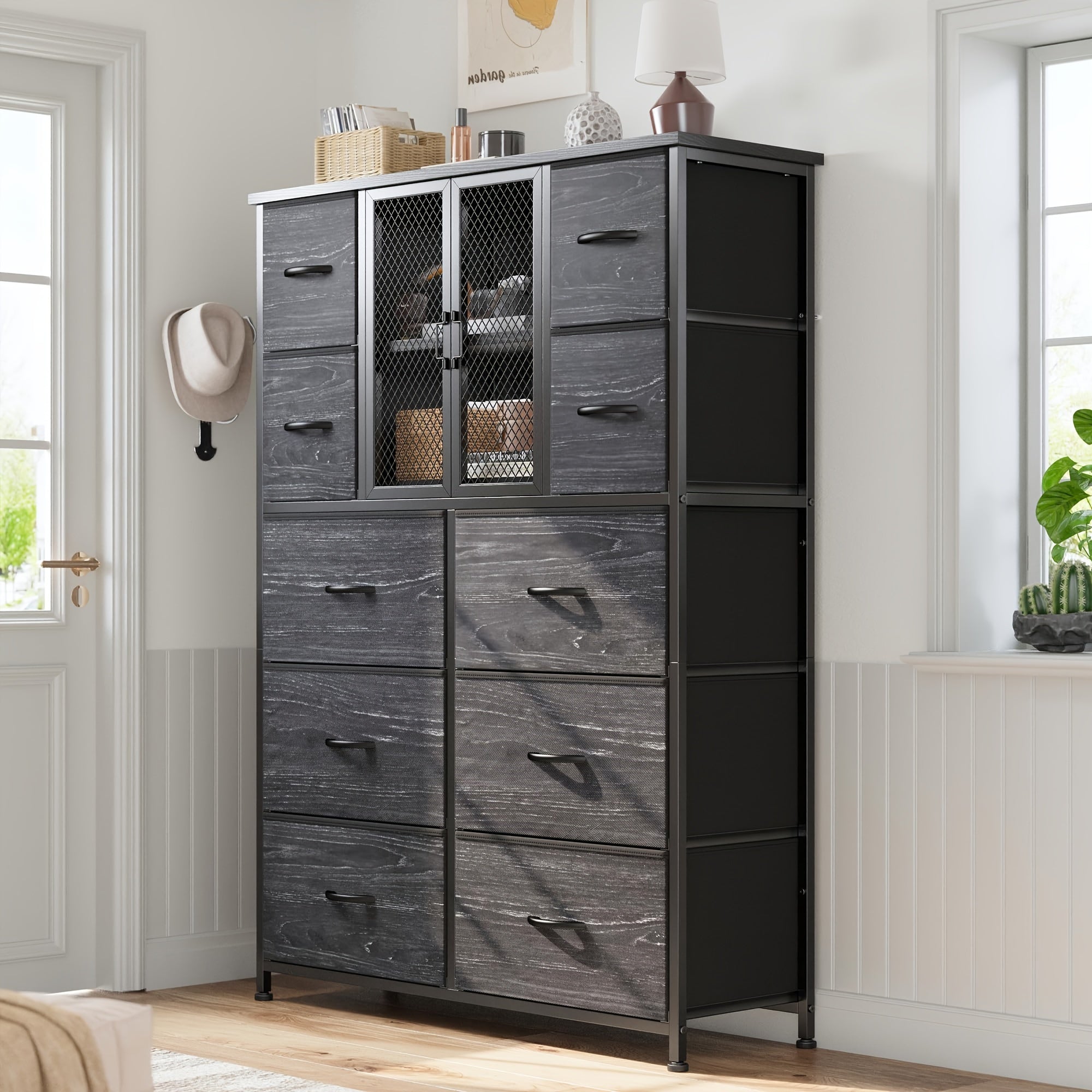Modern Tall Dresser with Mesh Door - 10 Fabric Drawers Metal Frame Wood Top Organizer for Closet and Entryway 38’’