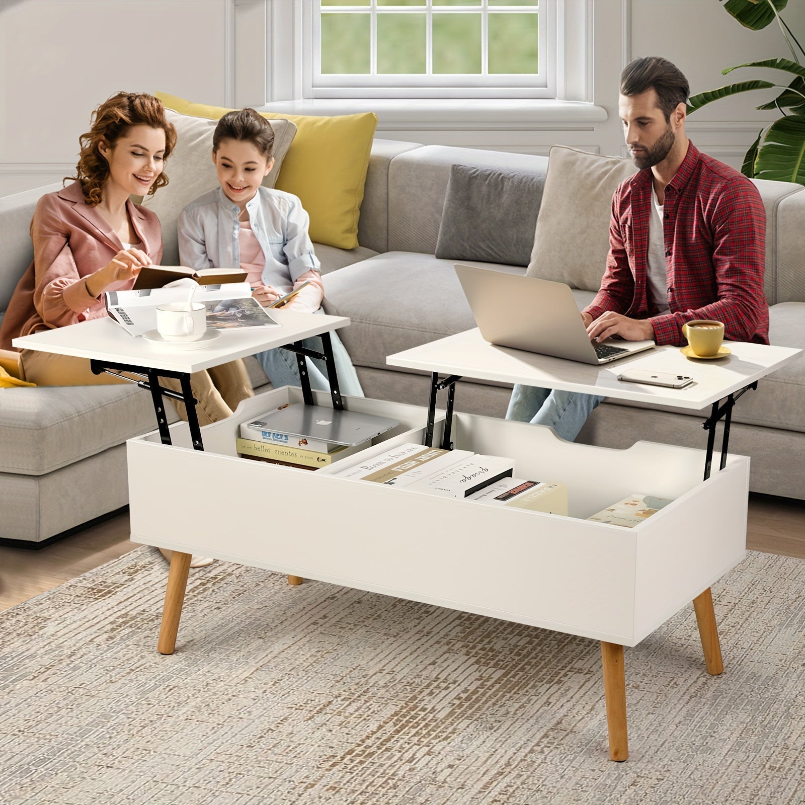 Lift Top Coffee Table, Modern Wood Coffee Table with Storage, Double Lift Tabletop Sofa Table, Hidden Compartment and Drawer for Apartment, Home