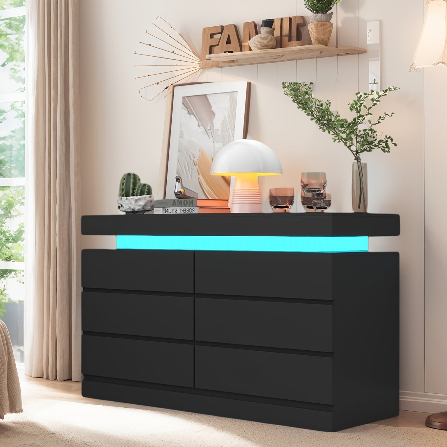 6 Drawer Dresser With Power Outlet Storage Cabinet With LED Light Modern Cabinet Organizer For Closet Double Wide