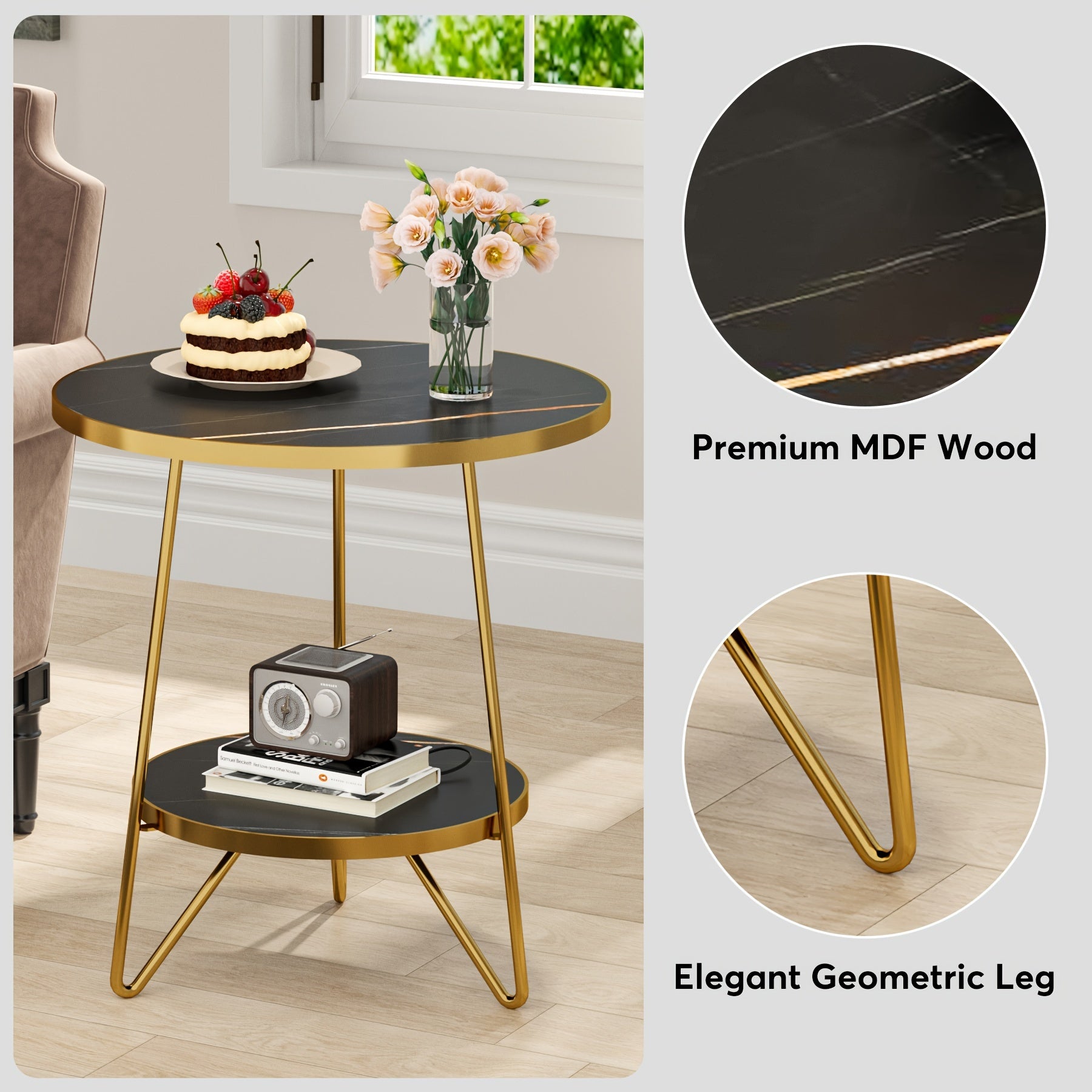 Christmas Decorations, Faux Marble End Table, 2 Tier Round Side Table With Shelves, Modern Black Nightstand Bedside Table Small Coffee Accent Table For Living Room Bedroom, Black And Golden, Gift Wrap, Stockings, Snowflakes,