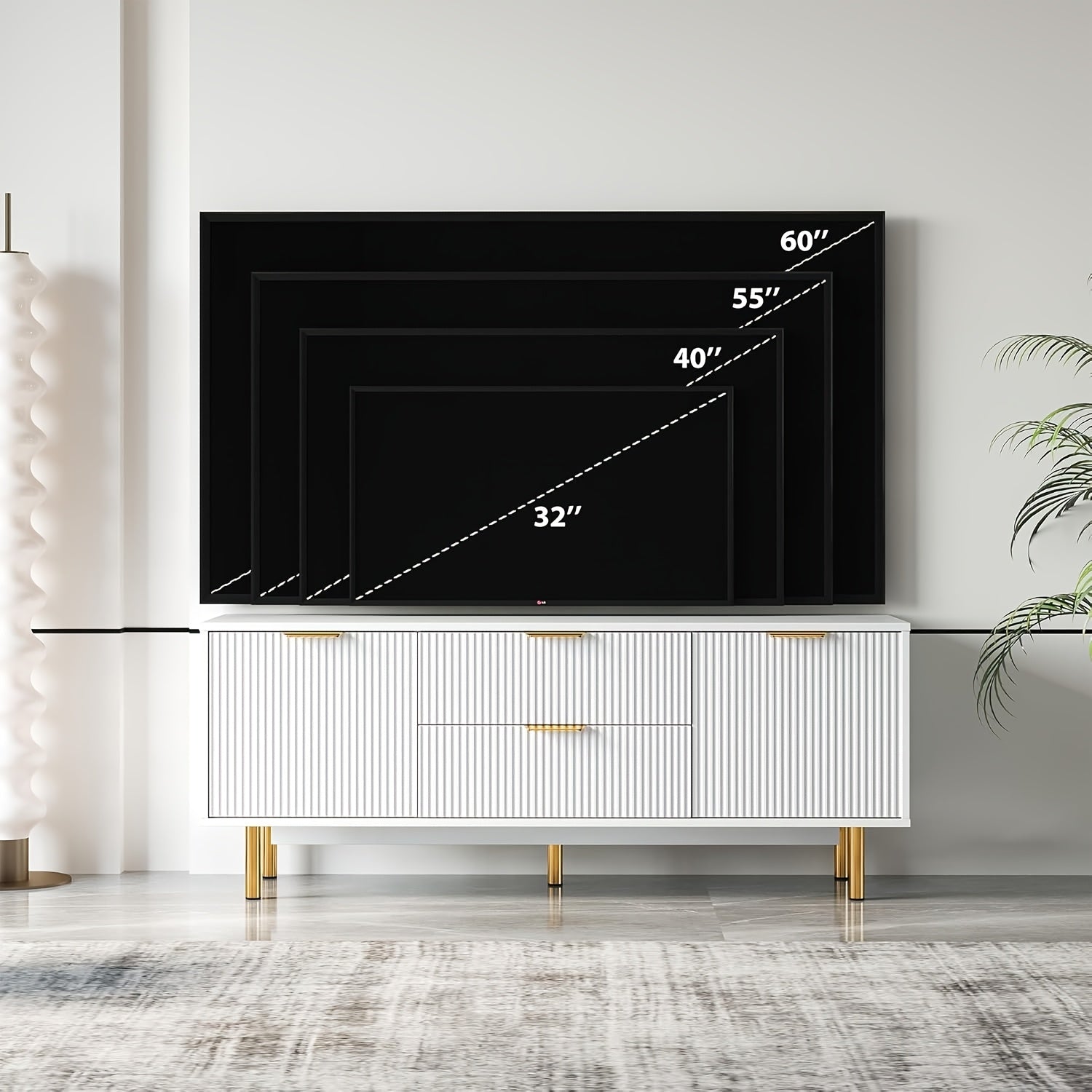 Modern White TV Stand for 65+ Inch TVs - Sleek Entertainment Center with Storage Cabinets, Corrugated Panels, and 2 Drawers & Doors, EUKER