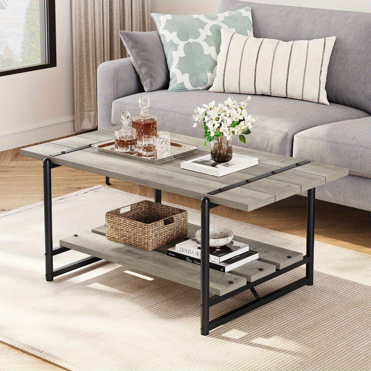 40 Inch Large 2-Tier Gray Wood Coffee Table with Storage Shelf - Farmhouse Modern Rustic Metal Rectangle Center Living Room Coffee Table Accent Furniture for Home Office