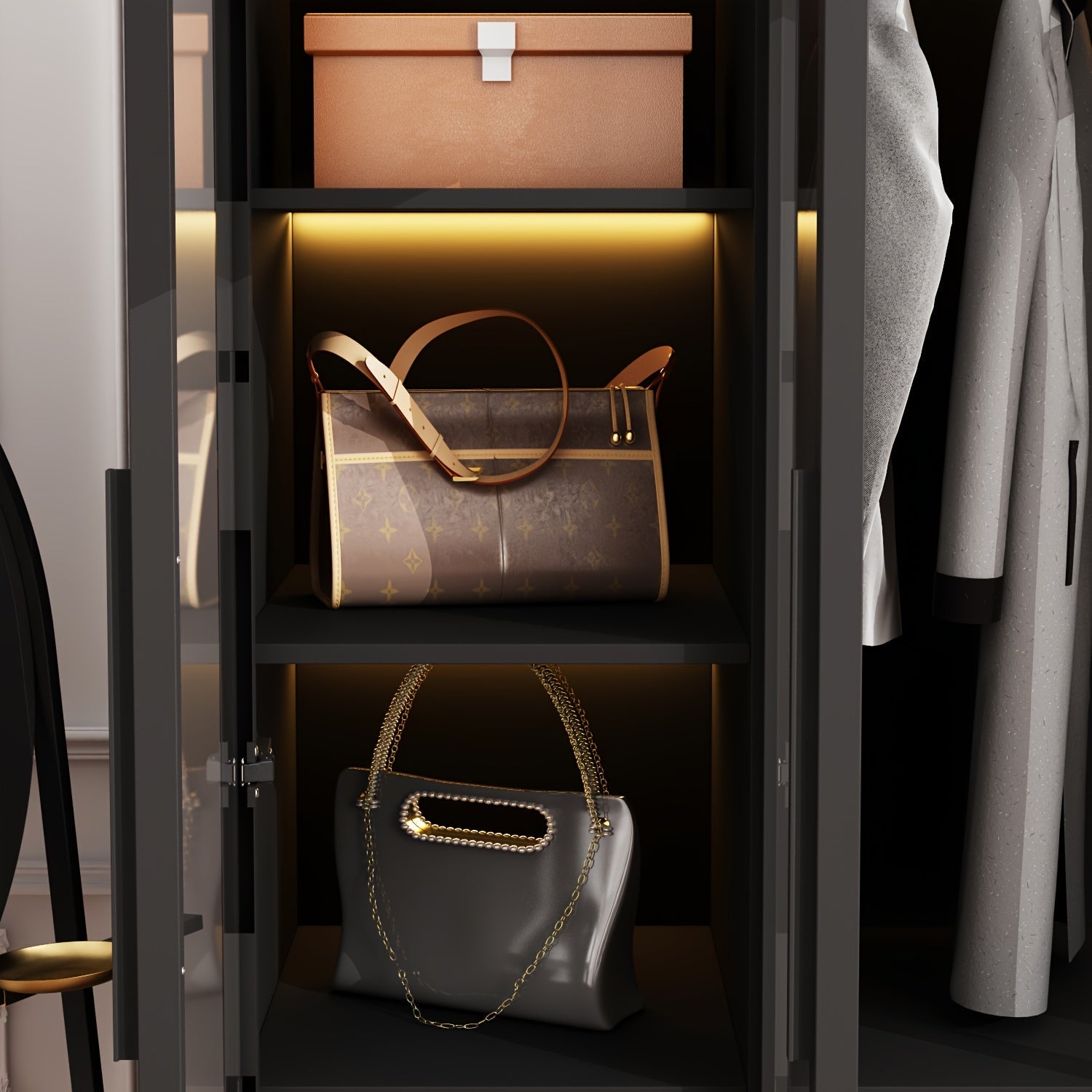 Three Door Armoire LED Light All Glass Door Closet Cabinet Wardrobe - Black - Wardrobe & Armoire’s Westberry Furniture