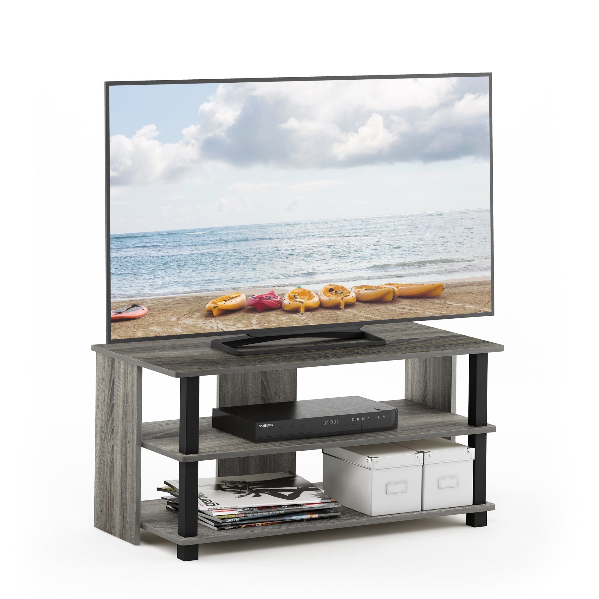 Modern 3-Tier TV Stand for Up to 40" TVs, Freestanding Wooden Media Shelf with Risers, Contemporary Style, Under 27" High