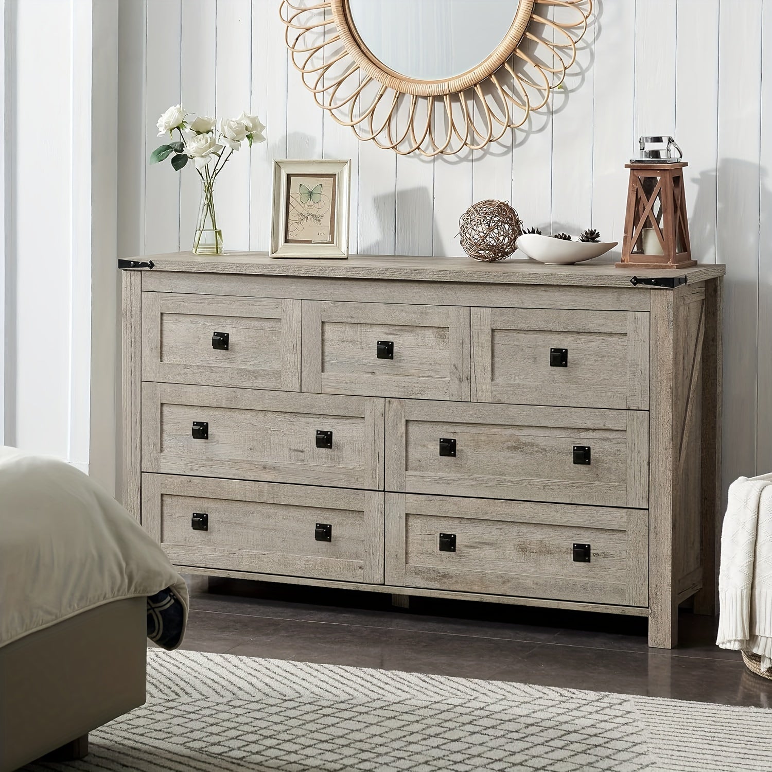 Farmhouse 7 Drawers Dresser for Bedroom Wood Rustic Dresser TV Stand Storage Organizer Dresser Chest of Drawers
