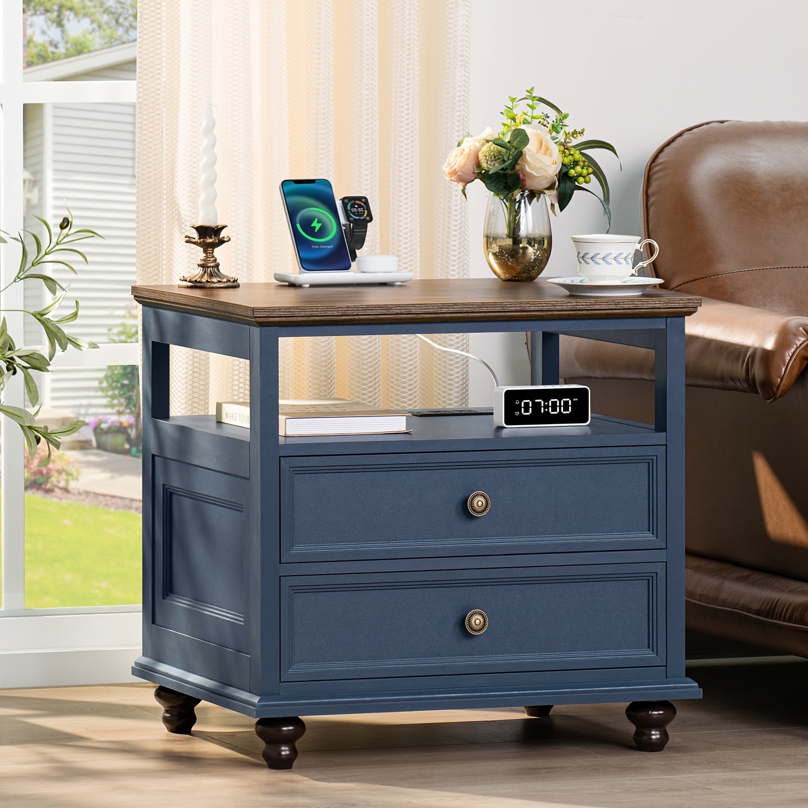 Farmhouse Nightstand With Charging Station, 23.6" Wide End Table With 2 Drawers, Blue Dresser For Bedroom, Bed Side Table Chest Of Drawers Cabinet, Wood Night Stand For Living Room, Closet