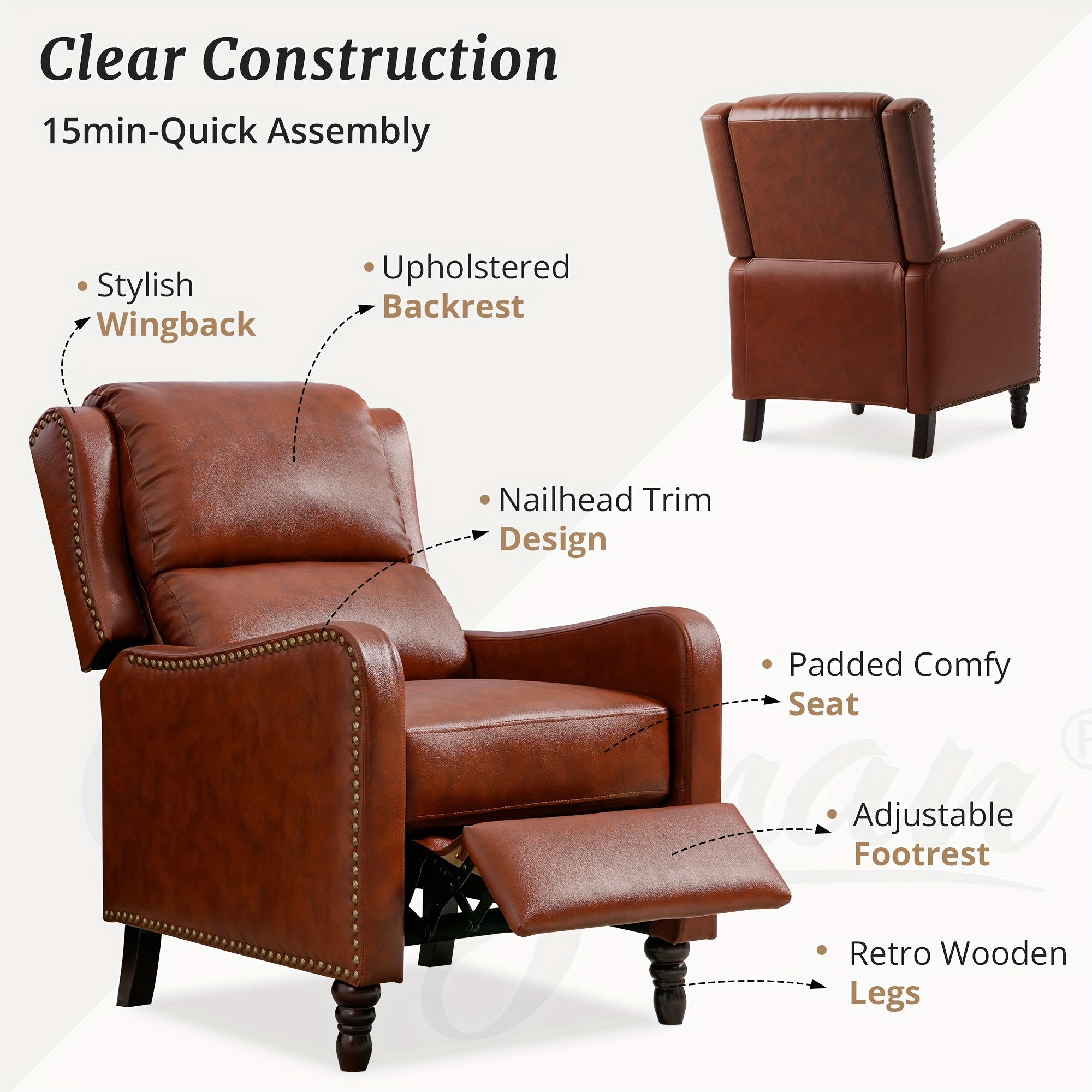 Push Back Recliner Chair In Faux Leather, Upholstered With Footrest, Modern Design For Bedroom, Small Spaces, And Living Room