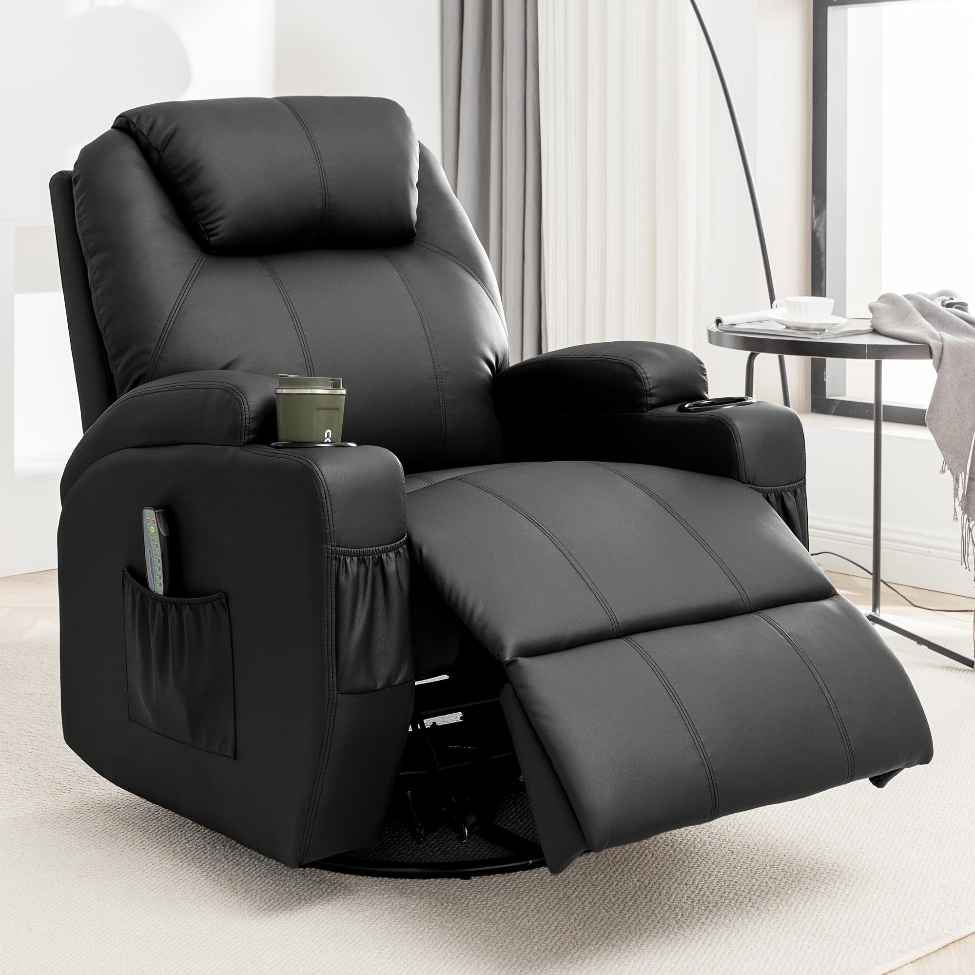 Luxurious Beige Faux Leather Recliner Chair with Heat & Vibration Massage | 360° Swivel Rocker, Side Pocket, Cup Holder | Ideal for Living Room, Bedroom, Conference Room | Powered by 110V/220V