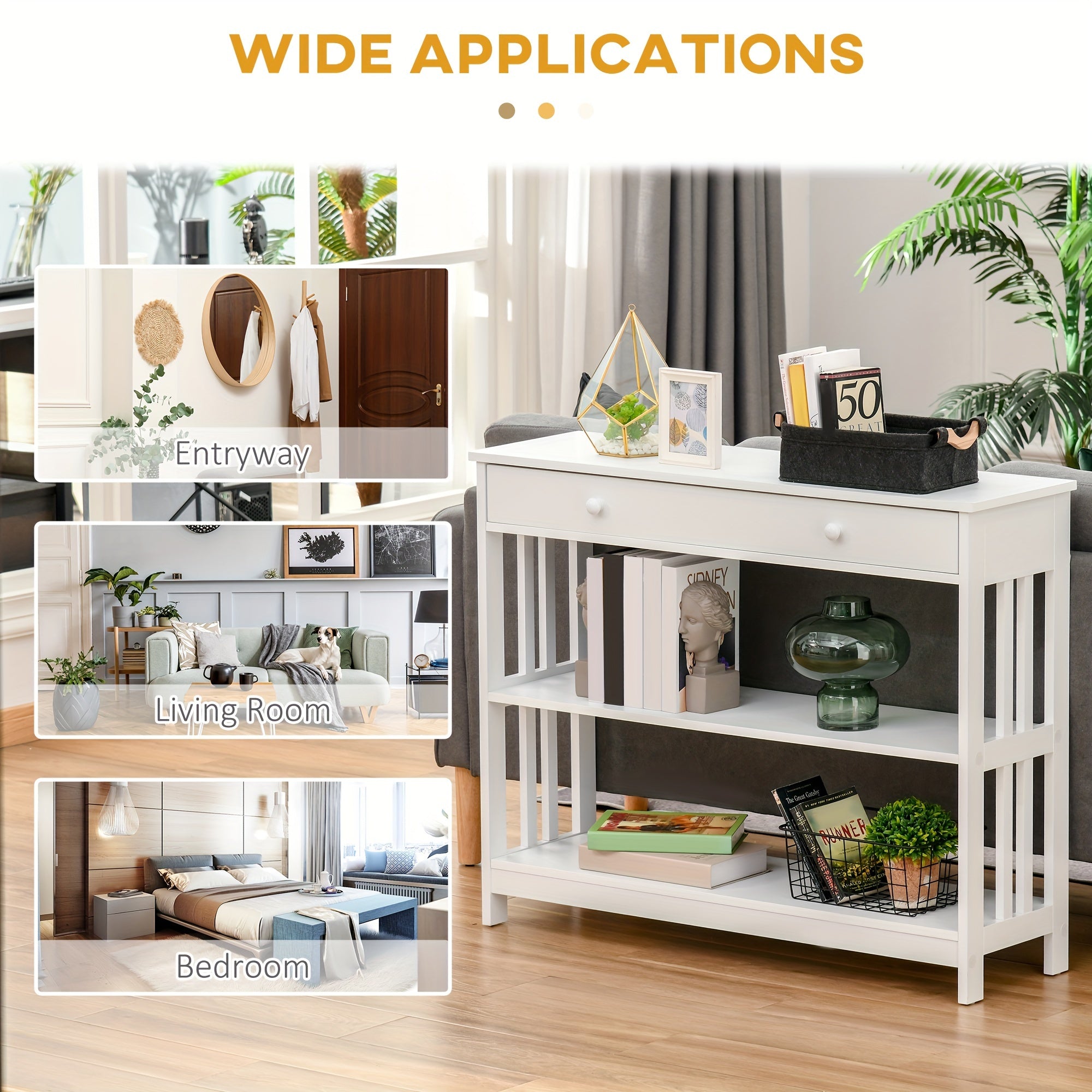 Console Hallway Table With Extra Wide Pull Out Drawer, 2 Open Shelves And Slatted Wood Frame Design, White