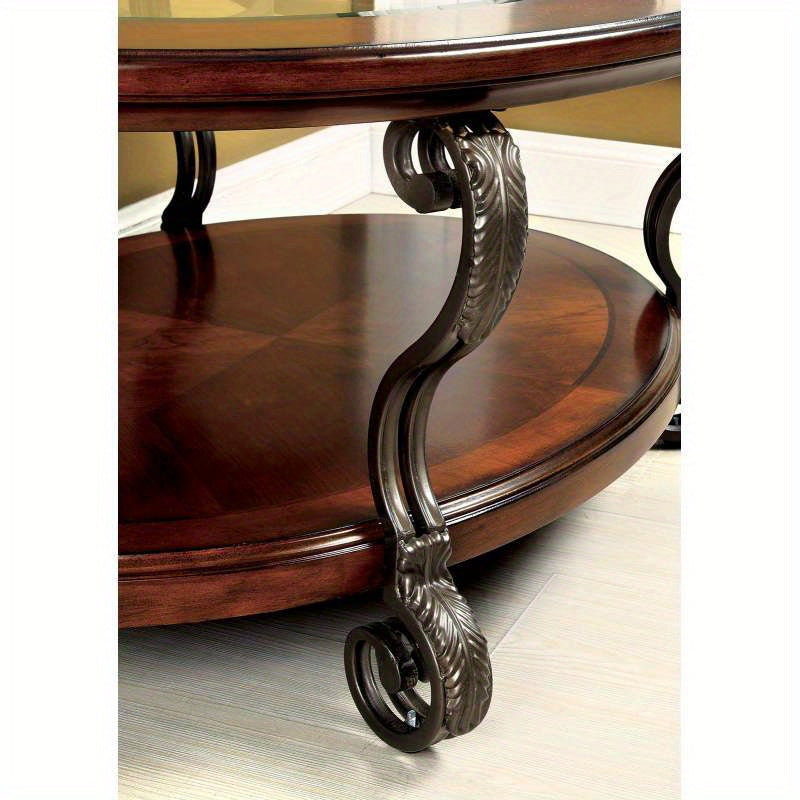 Elegant Brown Cherry Coffee Table with Glass Top and Open Bottom Shelf - Traditional Style Living Room Furniture