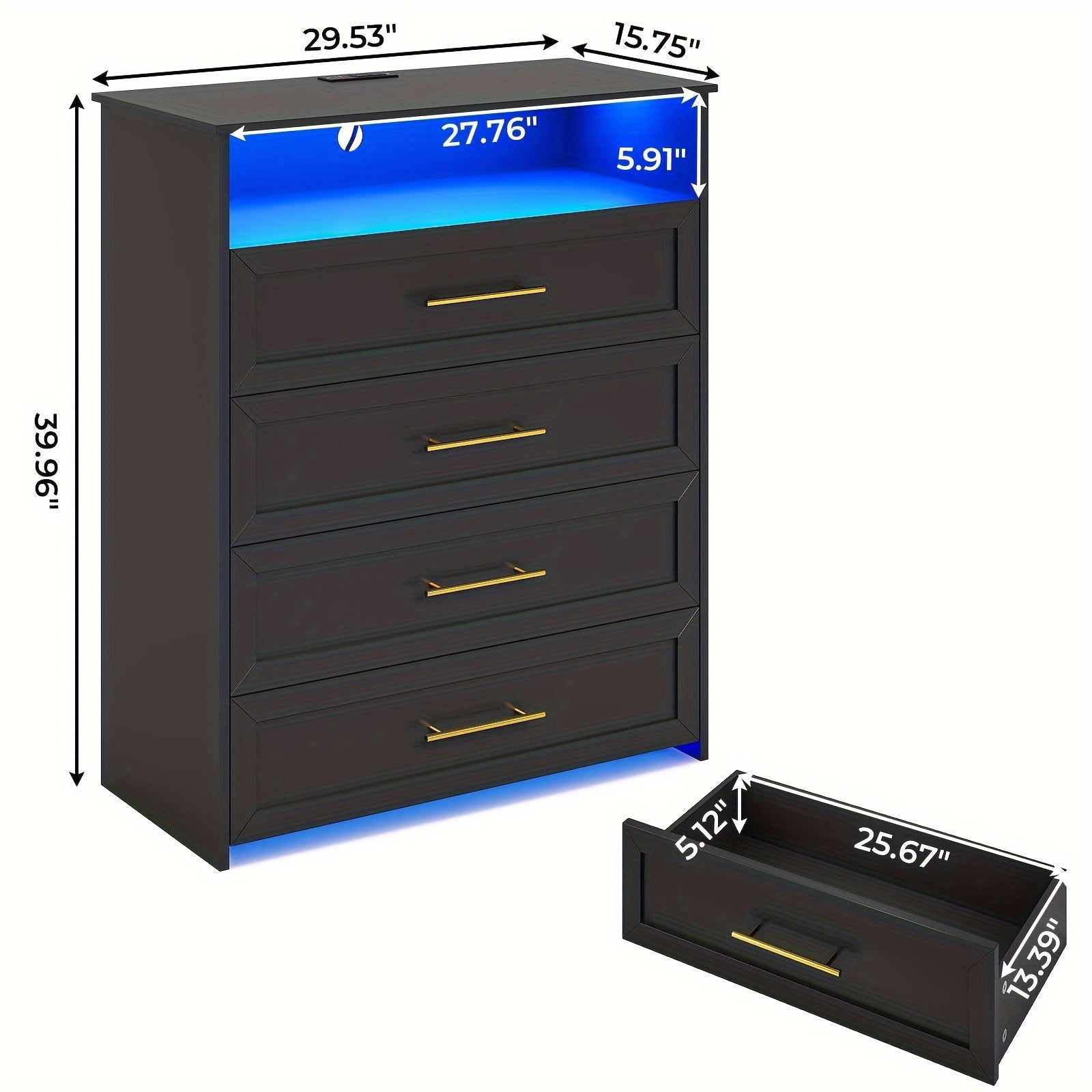Vanity Dresser 101cm Tall Wood Chest Of Drawers 4 Drawers Dresser For Bedroom With Metal Handle Black Storage Dresser