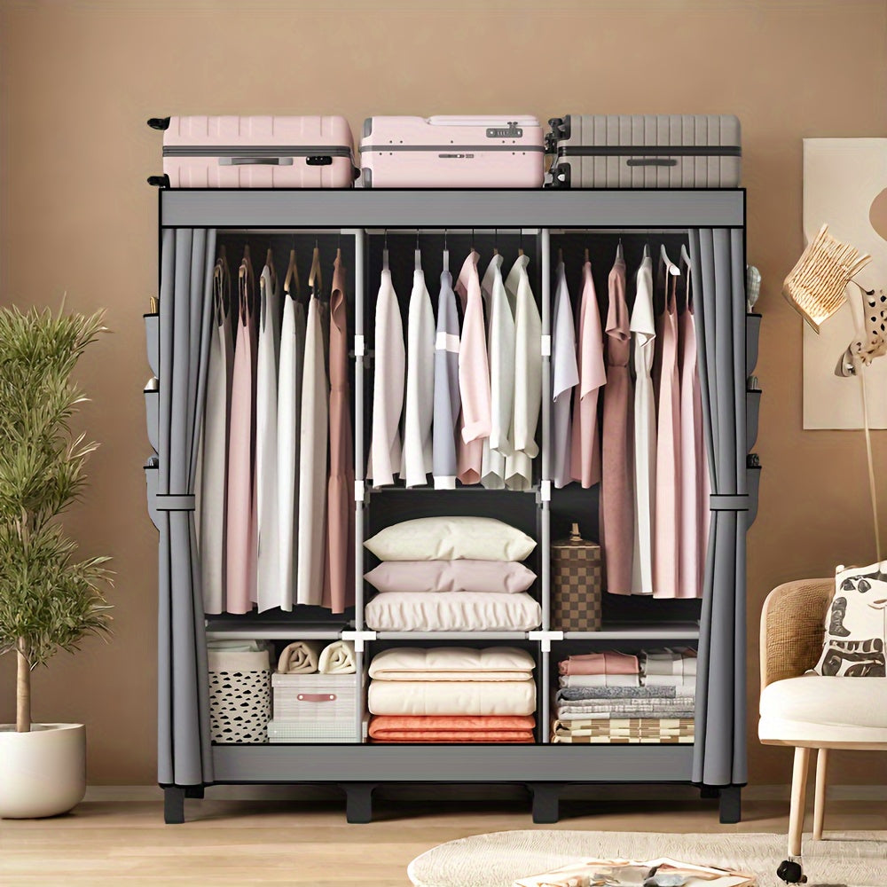 Black Dust-Proof Cloth Wardrobe - Sturdy Steel Frame Multi-Layer Storage Organizer for Home Bedroom Rental and Dorm
