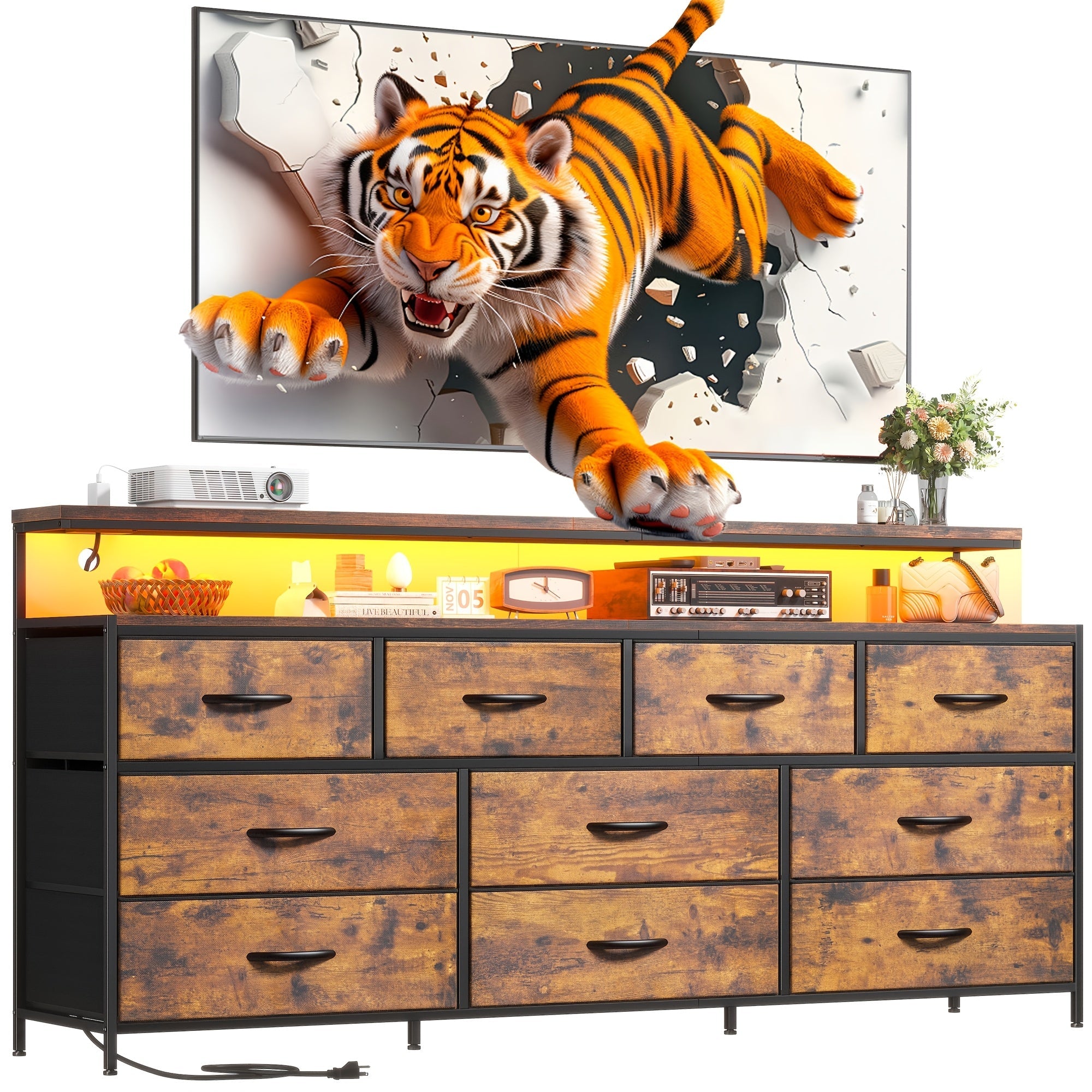 55" W Dresser for Bedroom with 10 Drawers Long Dresser with LED Lights & Power Outlets Wide Dressers & Chests Of Drawers Large Dresser for Bedroom Dresser Metal Frame, Wood Top, Rustic Brown