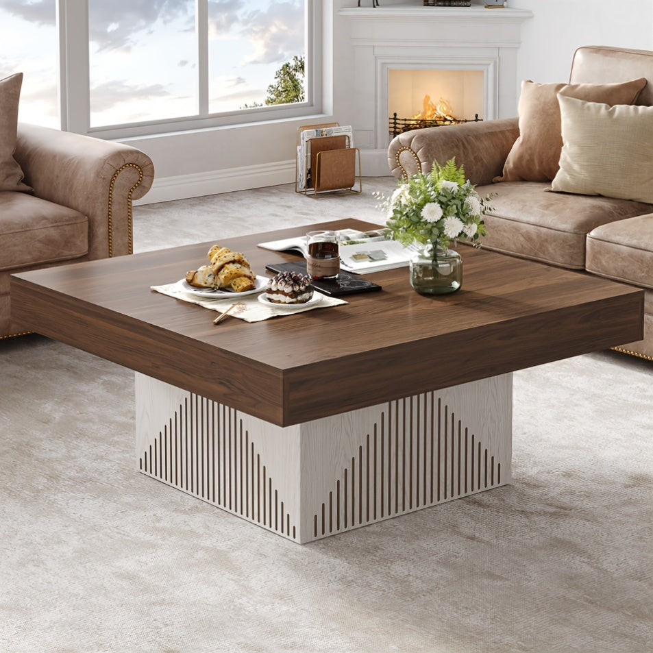 1pc Rustic Brown + White Wooden Coffee Table ONBRILL Modern Hardwood Coffee Table Scratch Resistant Wood-Based Panel &