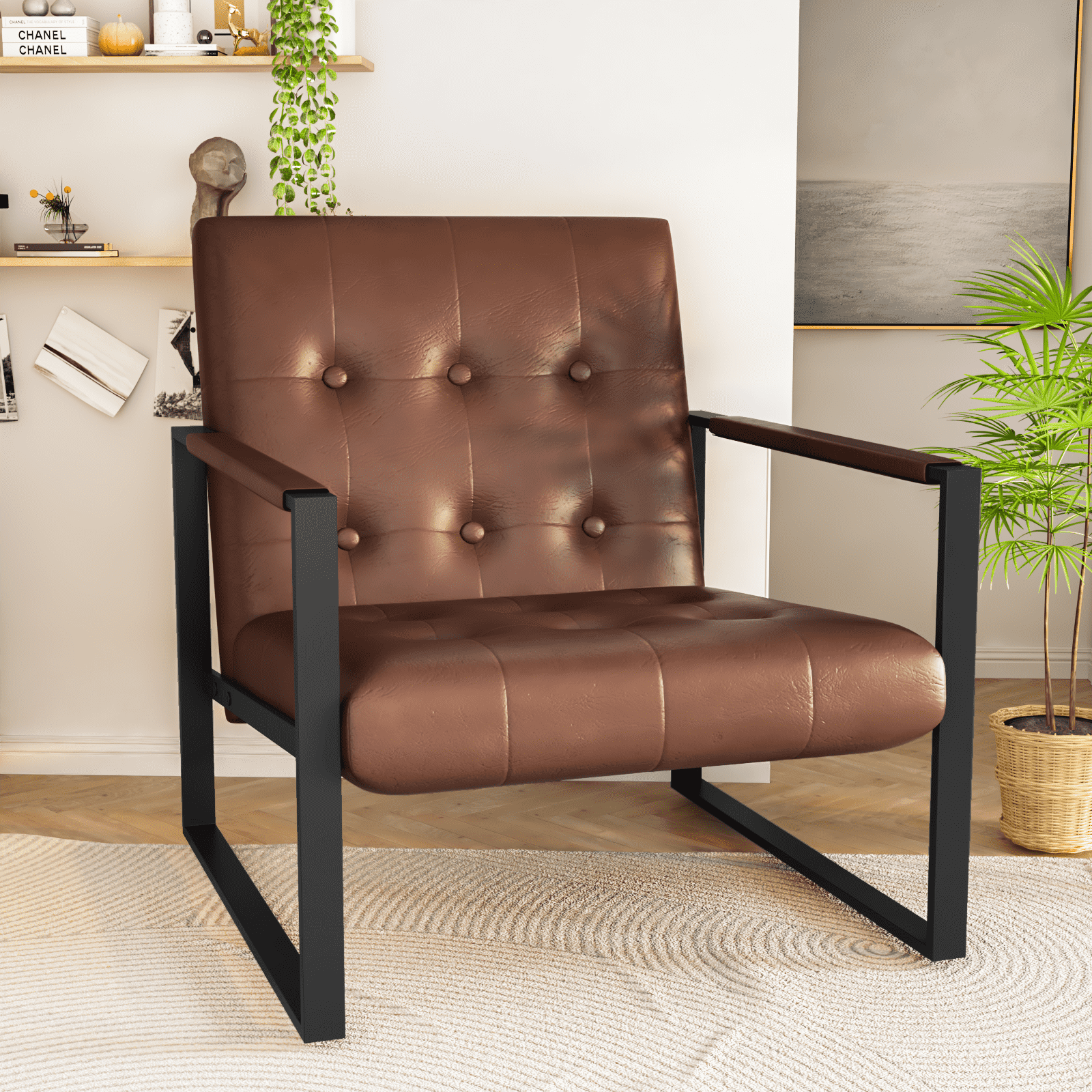 Accent Chair, Mid Century Modern Upholstered Side Armchair, Reading Living Room Side Chair, Armchair with Button Tufted Back and Metal Legs for Bedroom, Apartment, Studio, Waiting Room