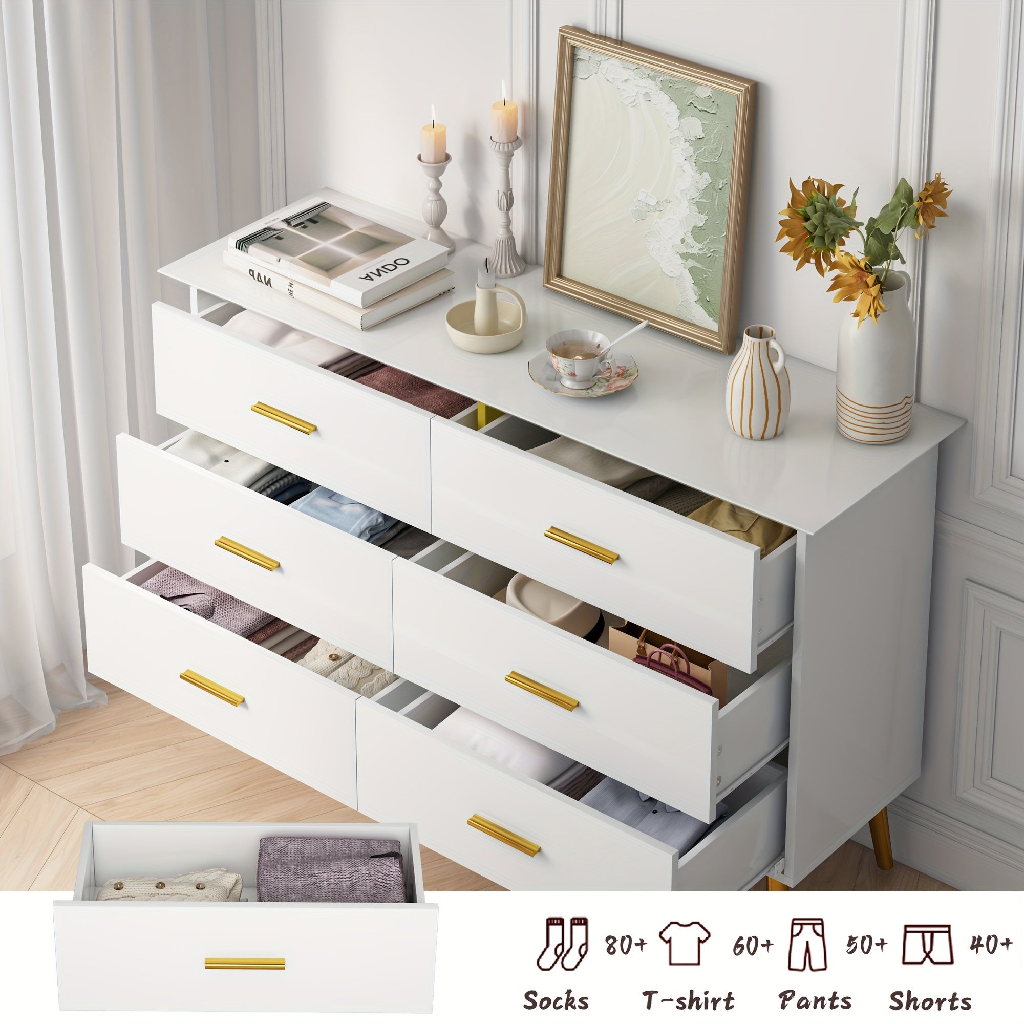 Elegant White 6-Drawer Dresser with LED Lights - Modern Hardwood Storage Organizer with USB Power, Spacious & Sturdy for Bedroom, Living Room, Hallway Decor