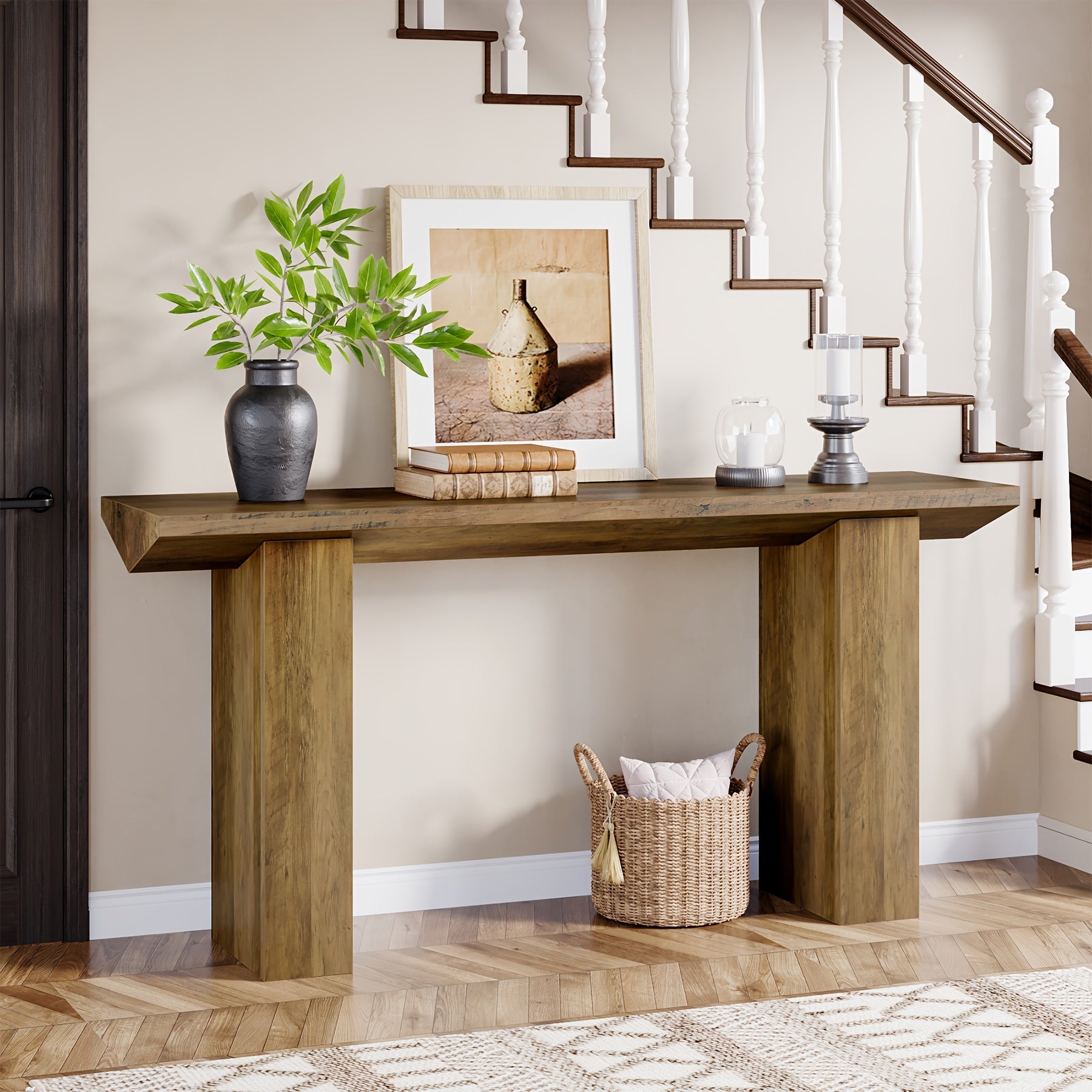 Chic Farmhouse Console Table - 63" Long, Stain-Resistant MDF Wooden Desk with Unique Inverted Triangle Design for Office, Entryway, or Living Room Decor