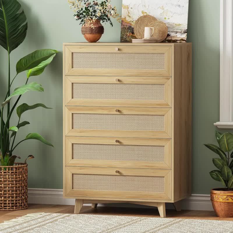 Rattan Vanity Dresser For Bedroom, 5 Drawer Dresser With Natural Rattan Drawers, Wooden Tall Dresser With Golden Handles, Modern Closet Dressers Chest Of Drawers For Nursery Entryway Living Room