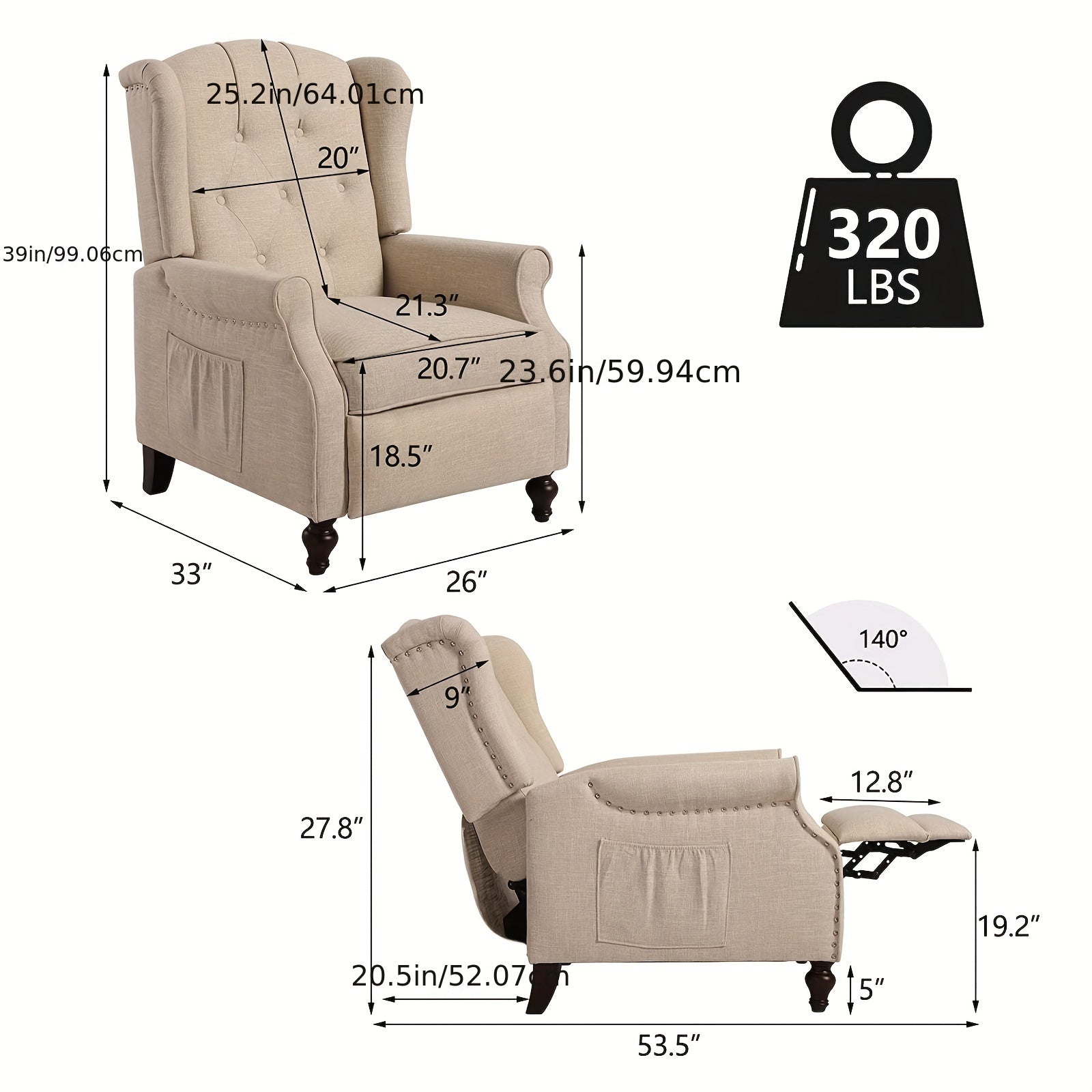 Recliner Chair With Massage And Heat Push Back Recliner Chair With Remote Control, Padded Cushion, Wooden Legs For Living Room