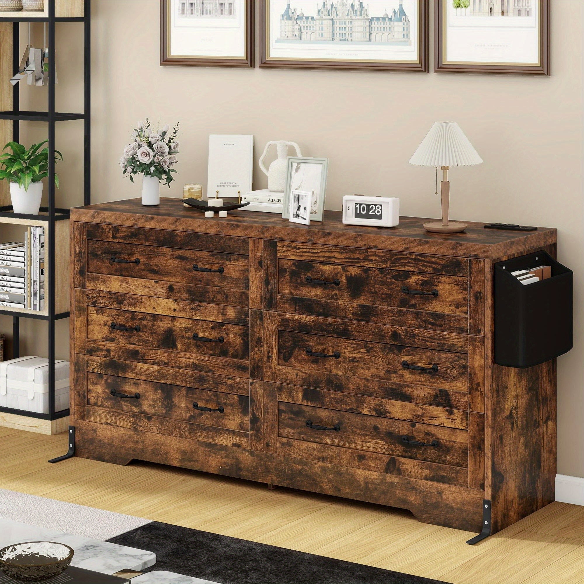 Rustic Brown Wood Dresser with Six Drawers, Charging Station, and Bag